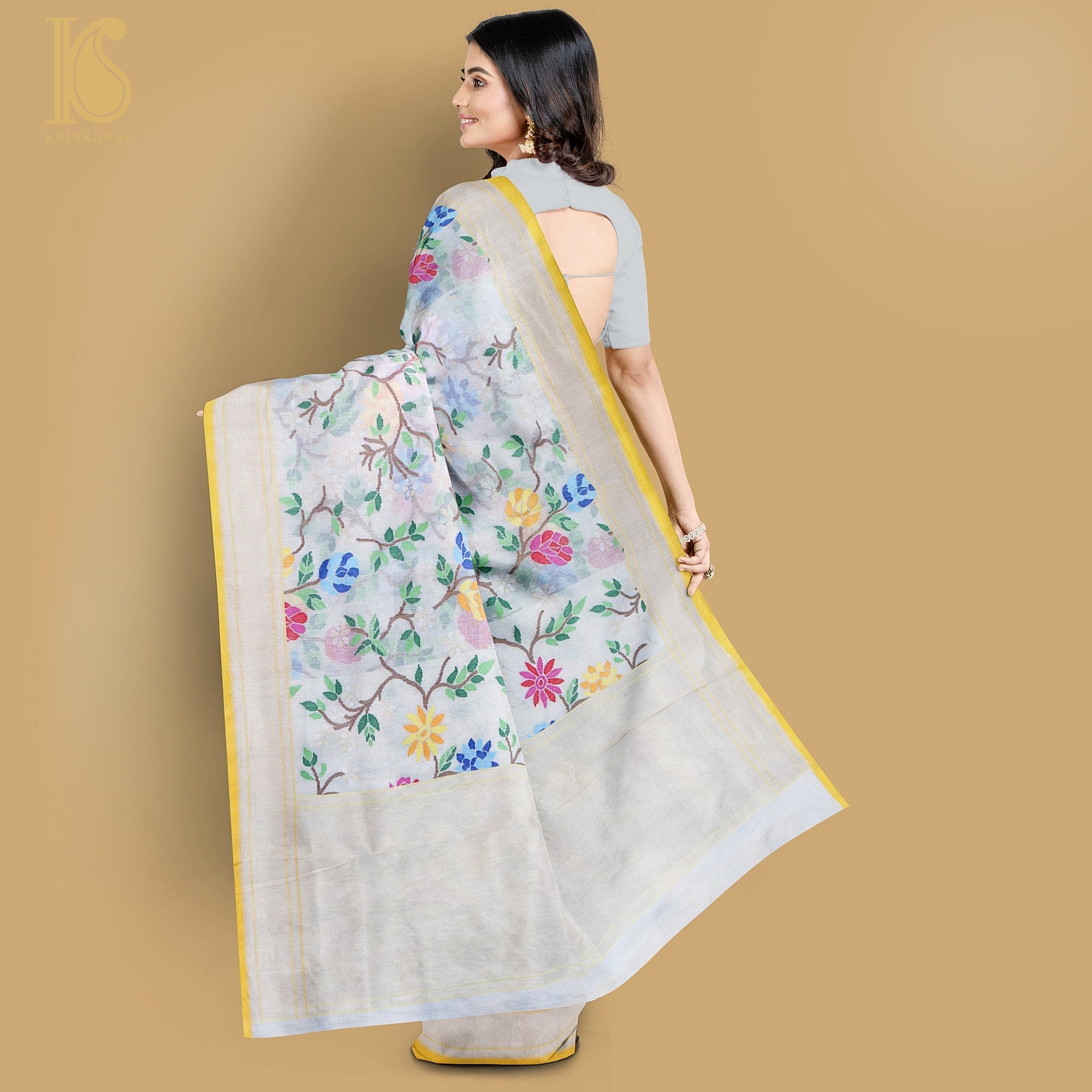 Pearl White Handwoven Pure Cotton Real Silver Zari Banarasi Saree - Khinkhwab