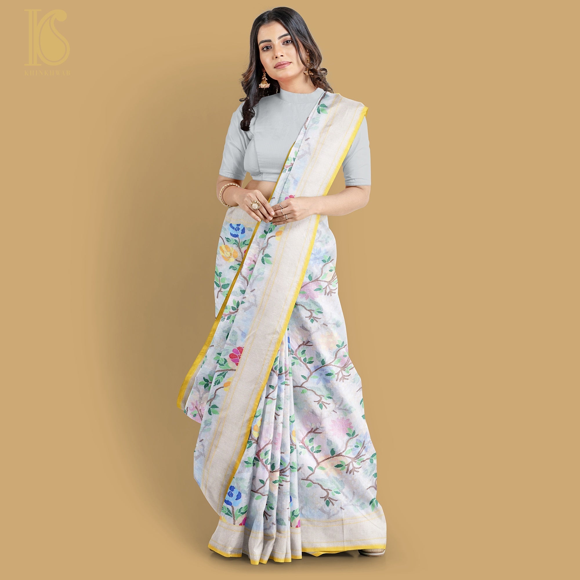 Pearl White Handwoven Pure Cotton Real Silver Zari Banarasi Saree - Khinkhwab