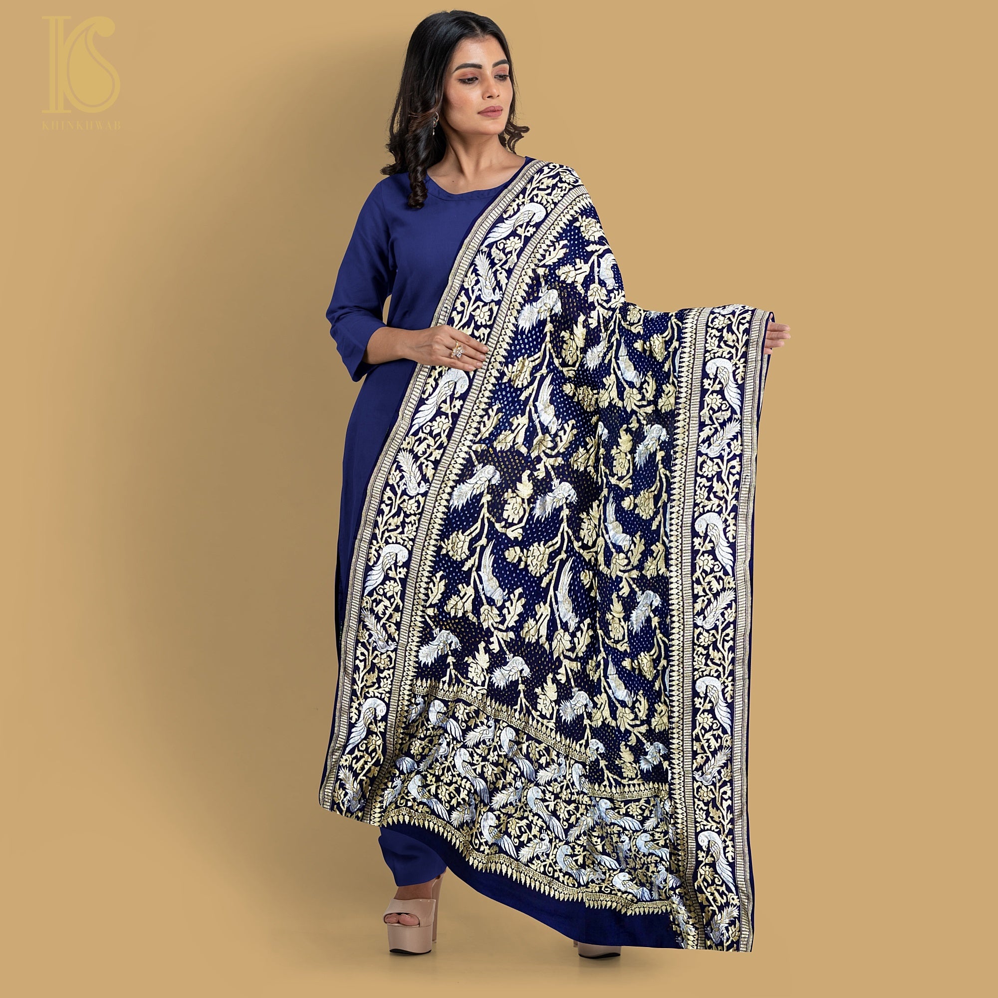 Birds of Paradise : Midnight Blue Pure Georgette Banarasi Bandhani Dupatta - Preorder - Khinkhwab