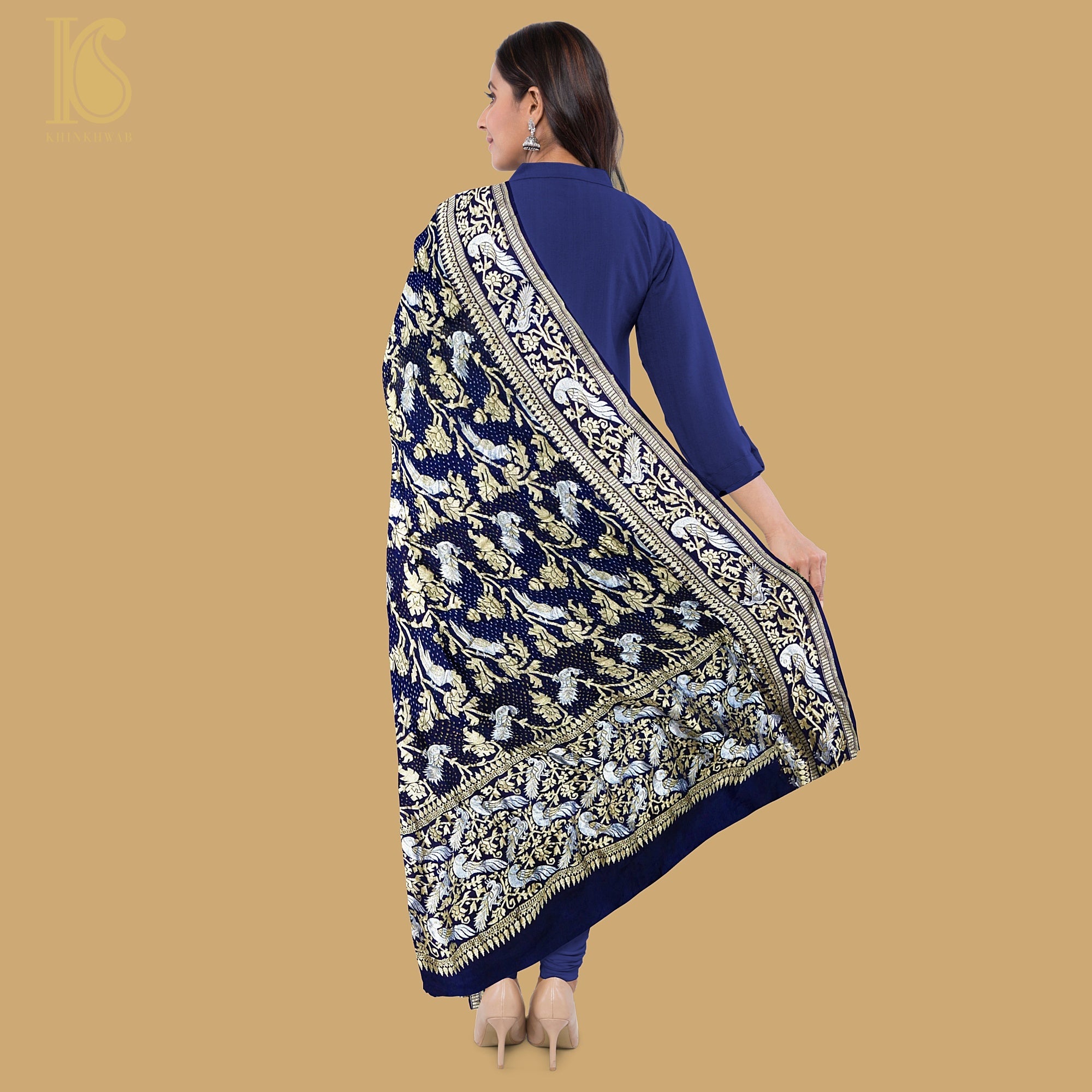 Birds of Paradise : Midnight Blue Pure Georgette Banarasi Bandhani Dupatta - Preorder - Khinkhwab