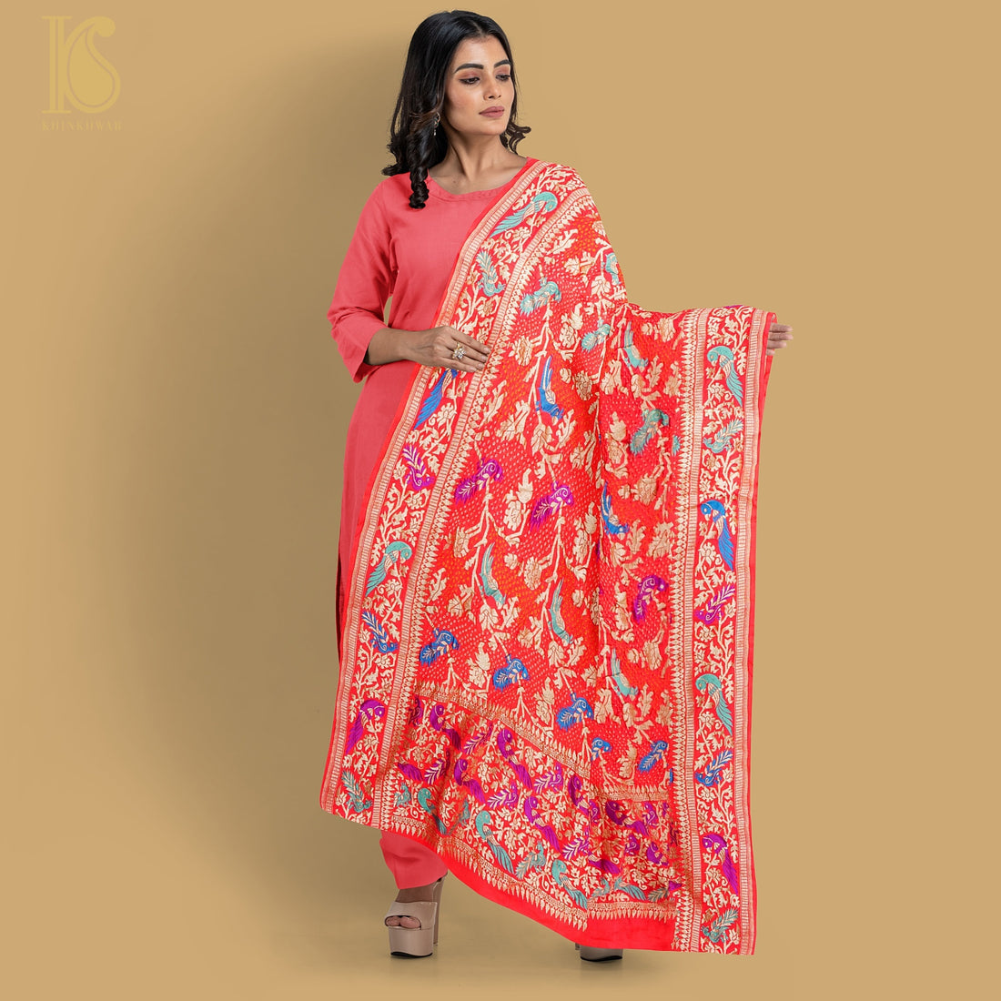 Alizarin Red Pure Georgette Handloom Banarasi Birds of Paradise Bandhani Dupatta - Khinkhwab