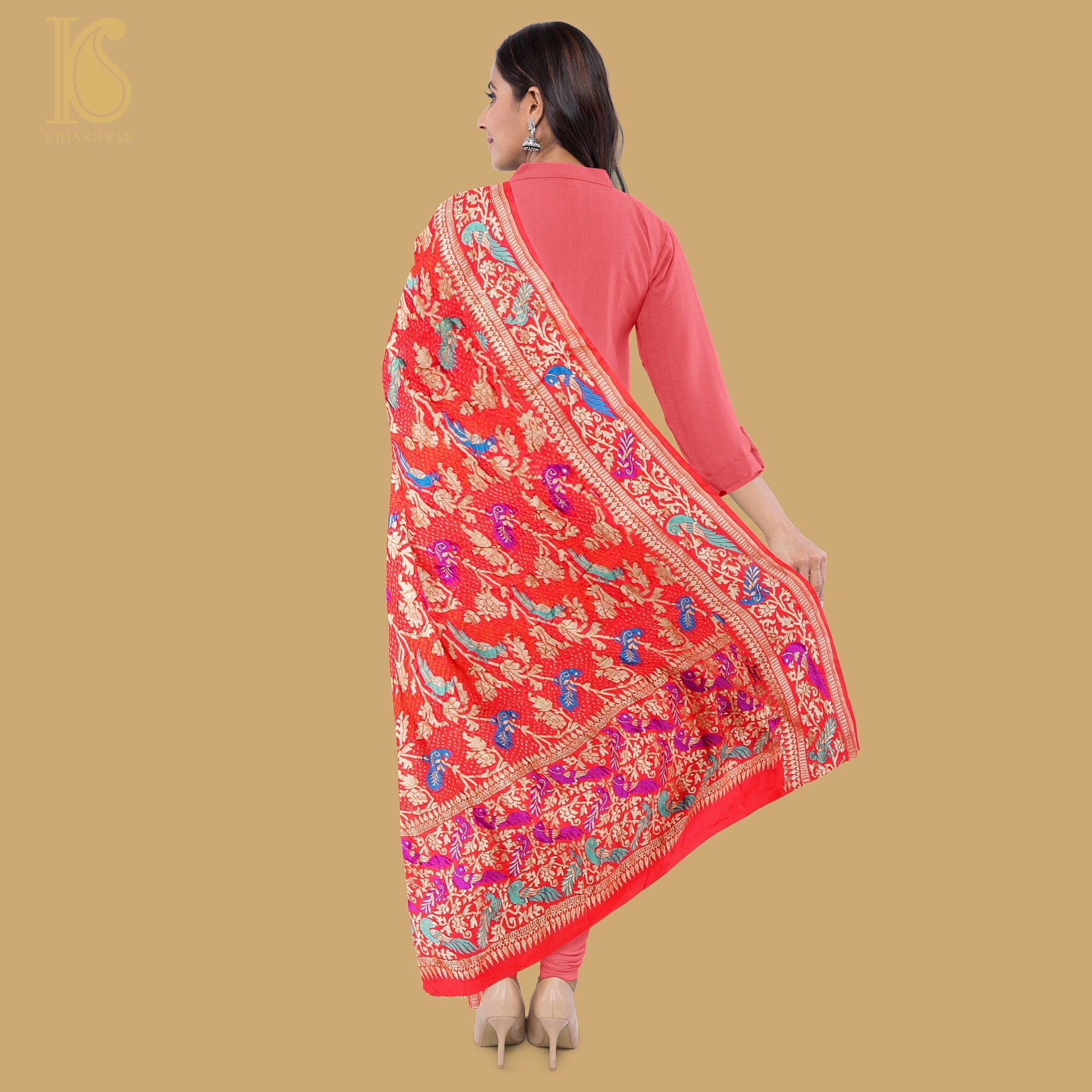 Alizarin Red Pure Georgette Handloom Banarasi Birds of Paradise Bandhani Dupatta - Khinkhwab