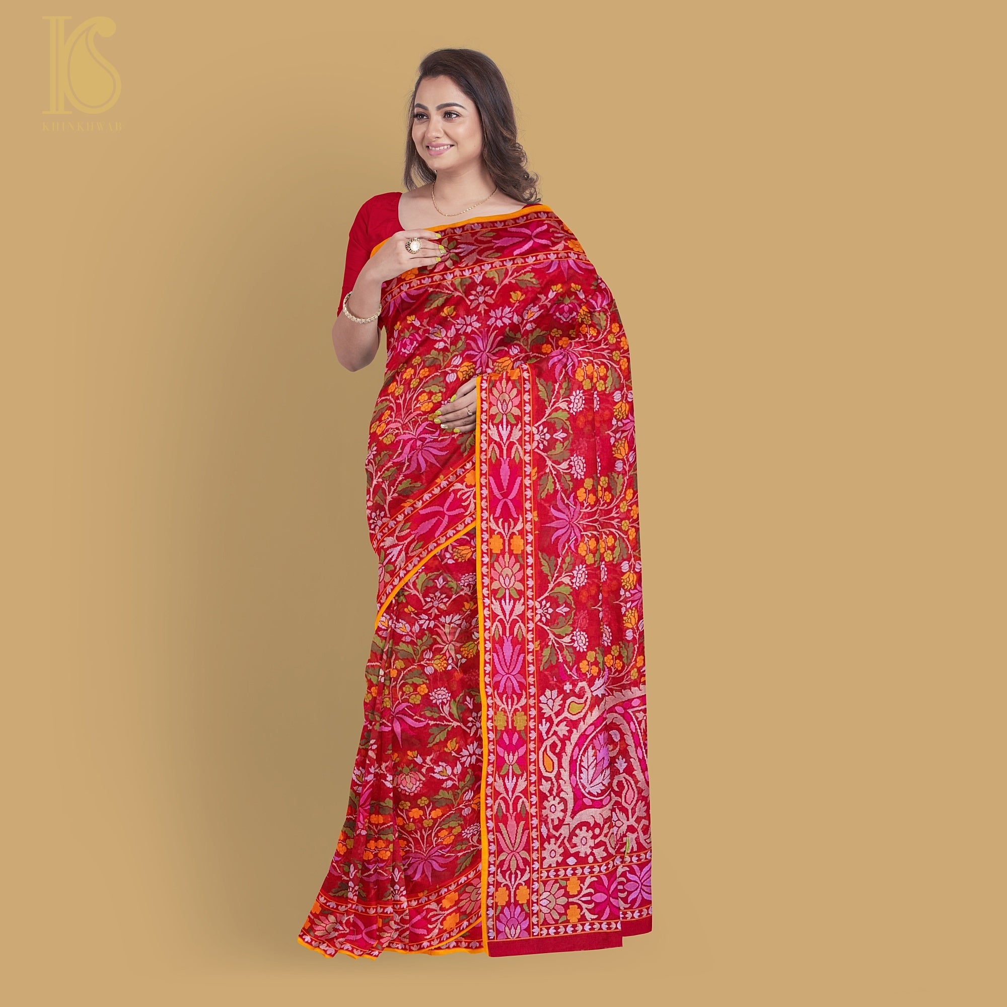 Preorder : Pure Cotton Real Silver Zari Handloom Rakhtambari Banarasi Saree - Khinkhwab