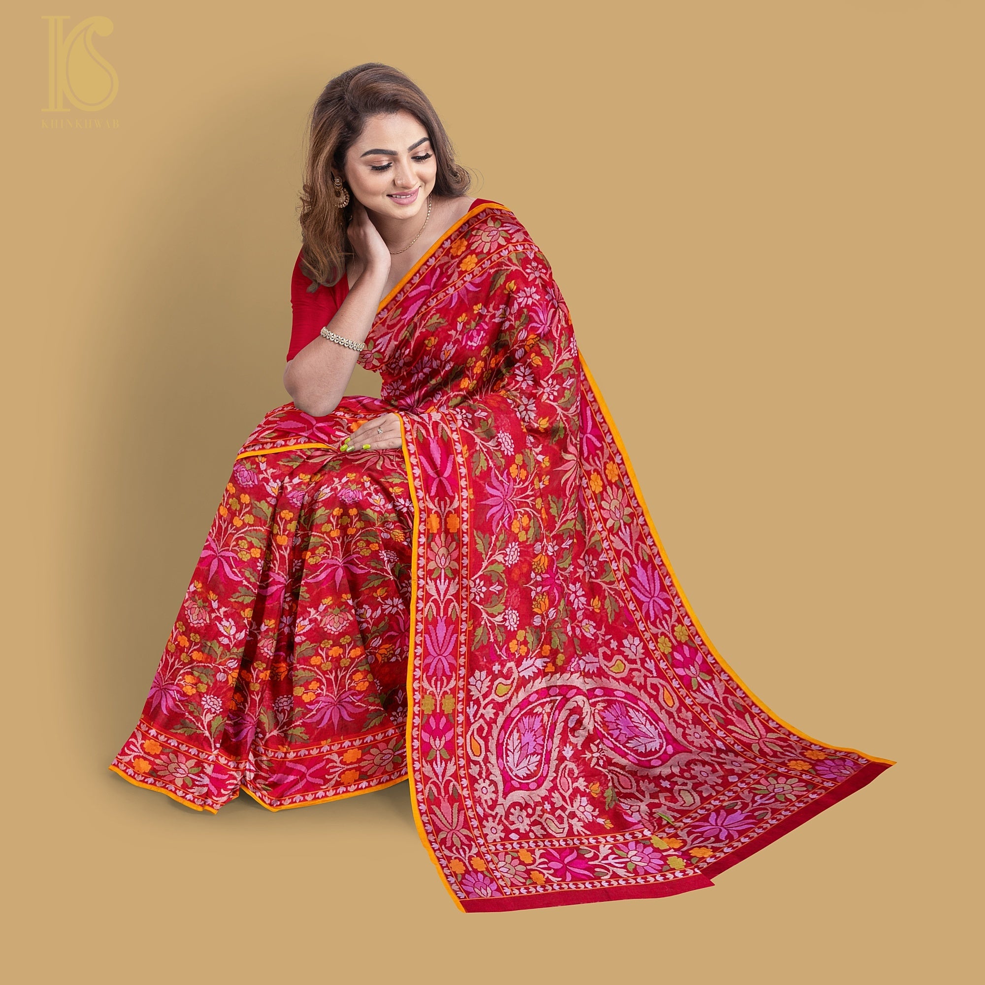 Preorder : Pure Cotton Real Silver Zari Handloom Rakhtambari Banarasi Saree - Khinkhwab