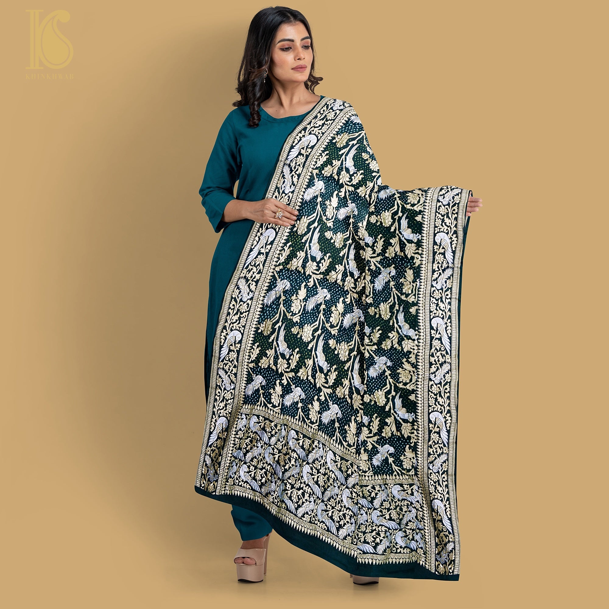 Birds of Paradise : Bottle Green Pure Georgette Handloom Banarasi Bandhani Dupatta - Khinkhwab