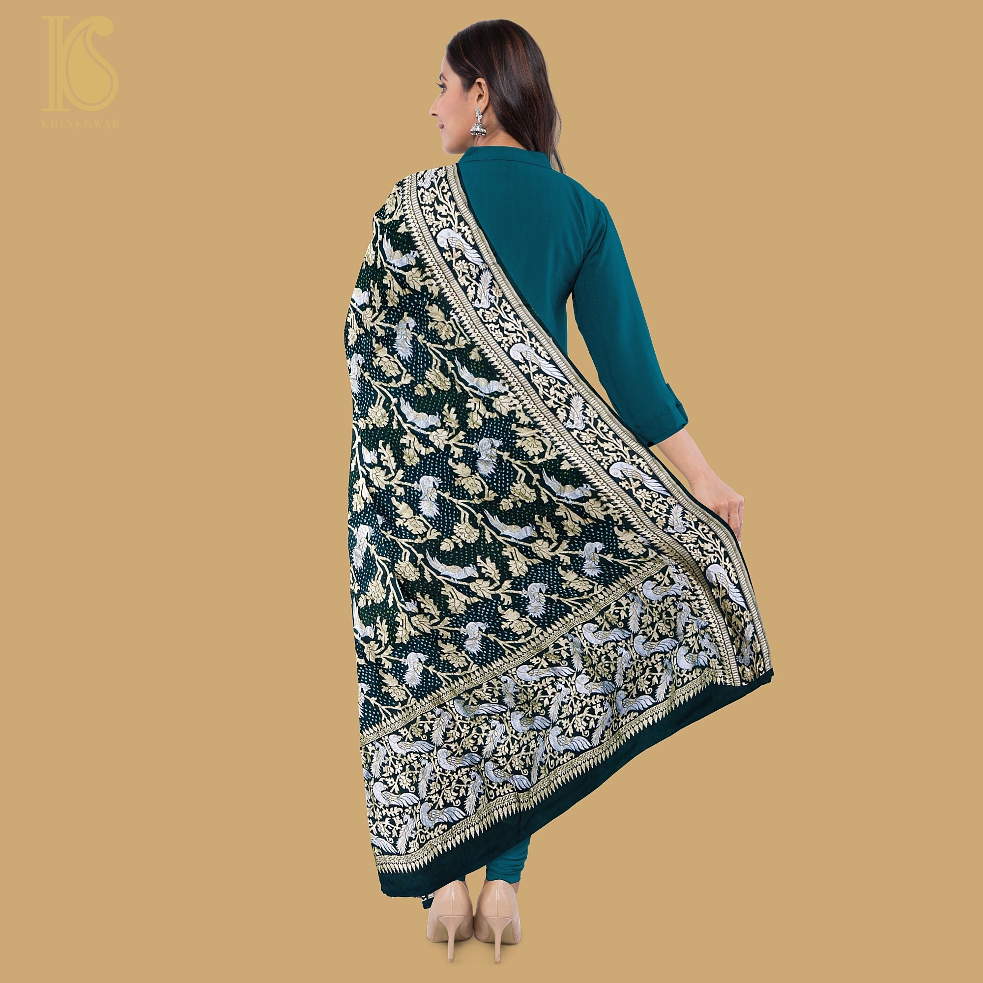 Birds of Paradise : Bottle Green Pure Georgette Handloom Banarasi Bandhani Dupatta - Khinkhwab