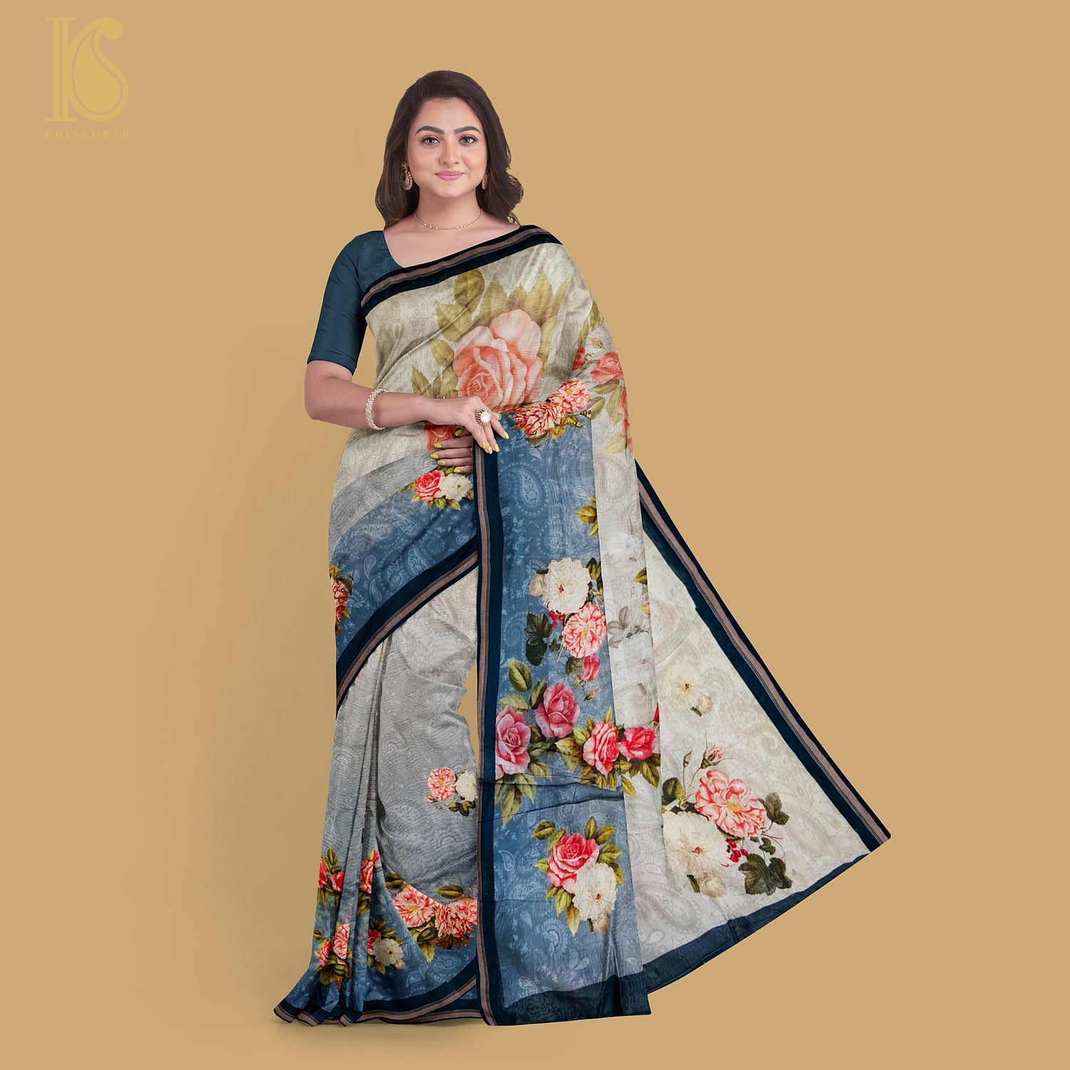Grey & Beige Pure Cotton Floral Digital Print Saree - Khinkhwab