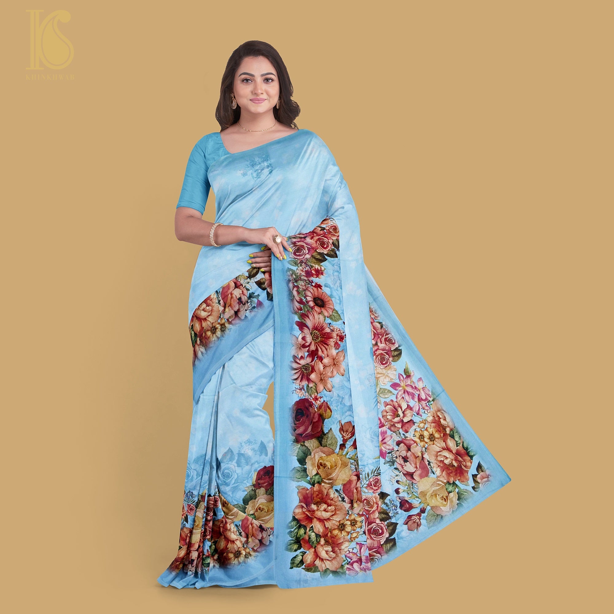 Blue Pure Georgette Print Handloom Saree - Khinkhwab