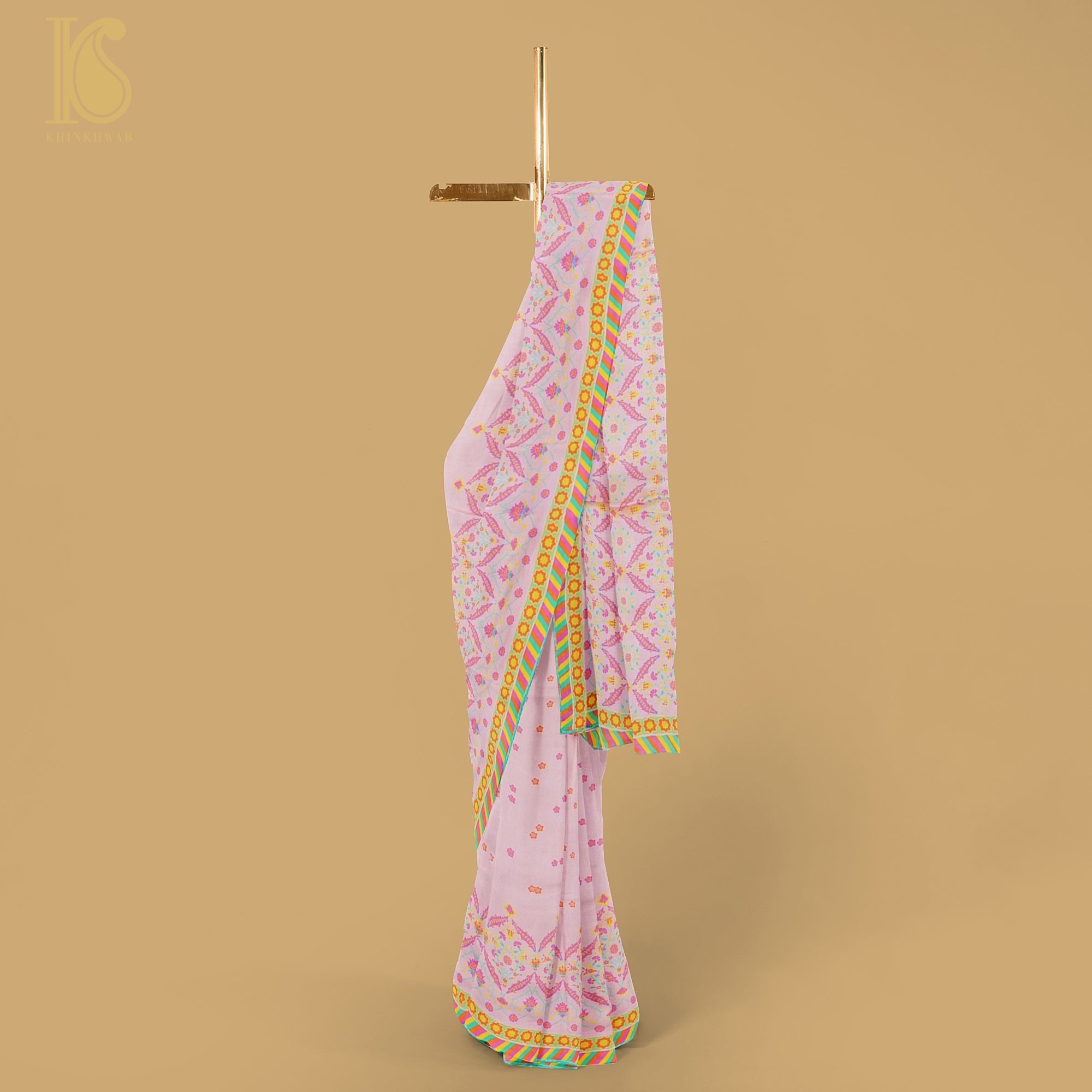 NERGİS -Azalea Pink Pure Sateen Silk Print Saree - Khinkhwab