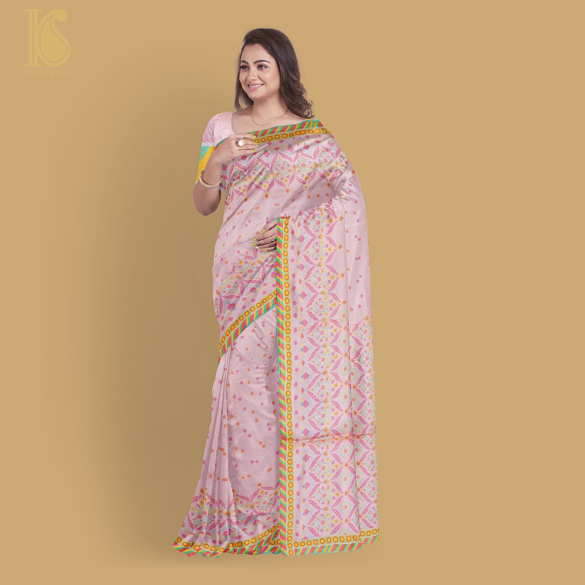 NERGİS -Azalea Pink Pure Sateen Silk Print Saree - Khinkhwab