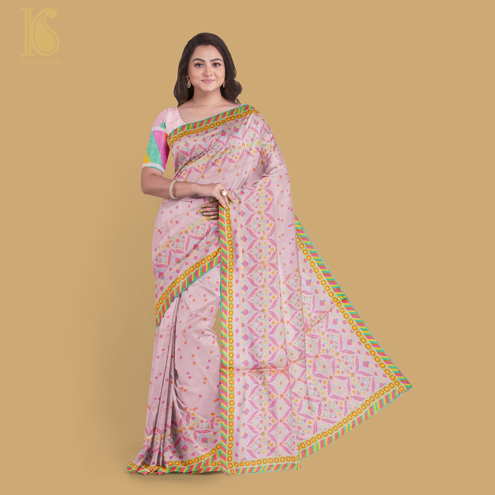 NERGİS -Azalea Pink Pure Sateen Silk Print Saree - Khinkhwab