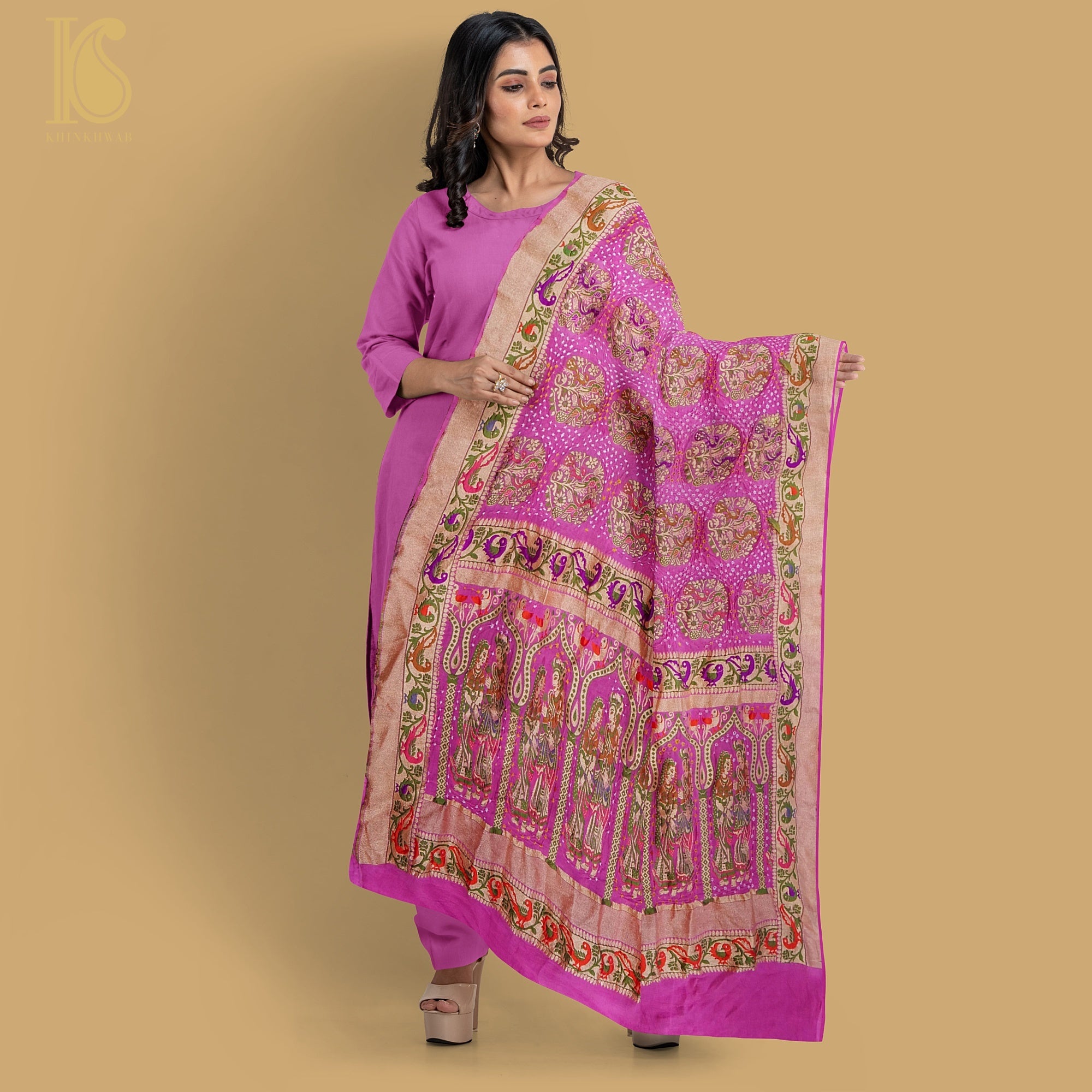 Mulberry Pink Georgette Handloom Banarasi Bandhani Patola Dupatta - Khinkhwab