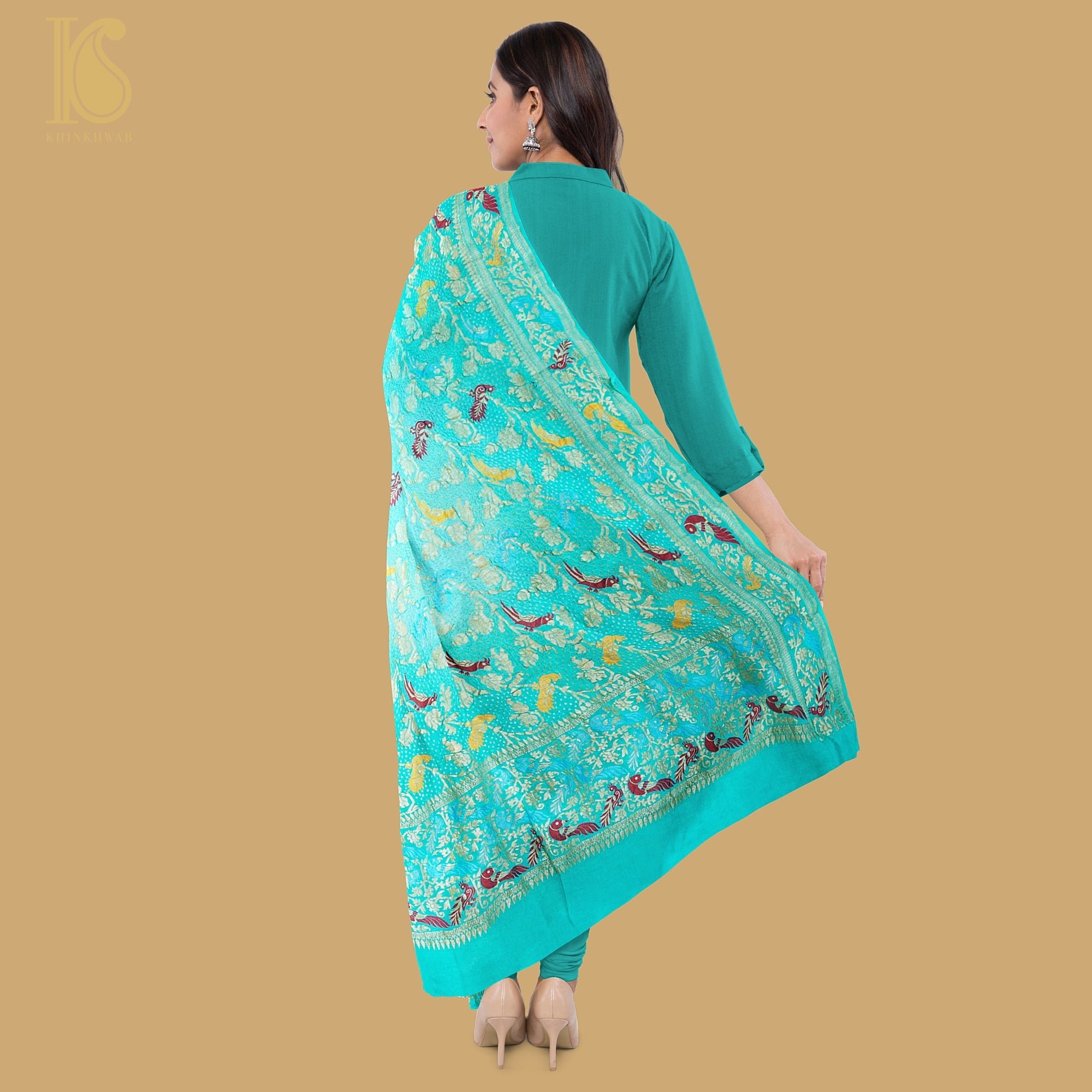 Turquoise Pure Georgette Handloom Banarasi Birds of Paradise Bandhani Dupatta - Khinkhwab