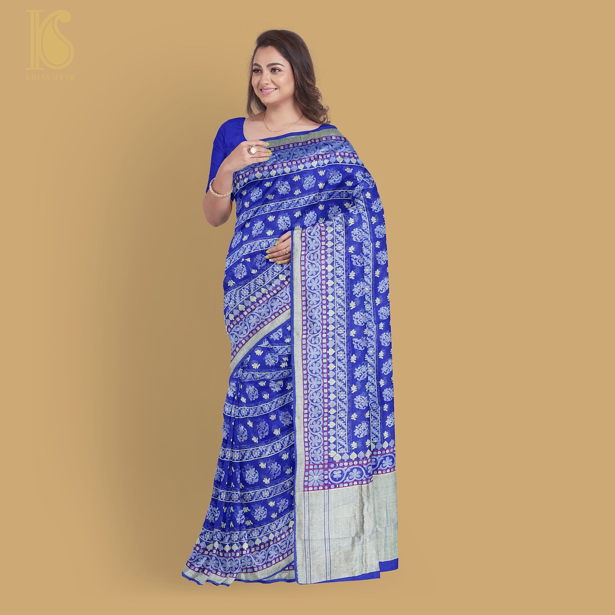 Persian Blue Handwoven Pure Cotton Real Silver Zari Banarasi Saree - Khinkhwab