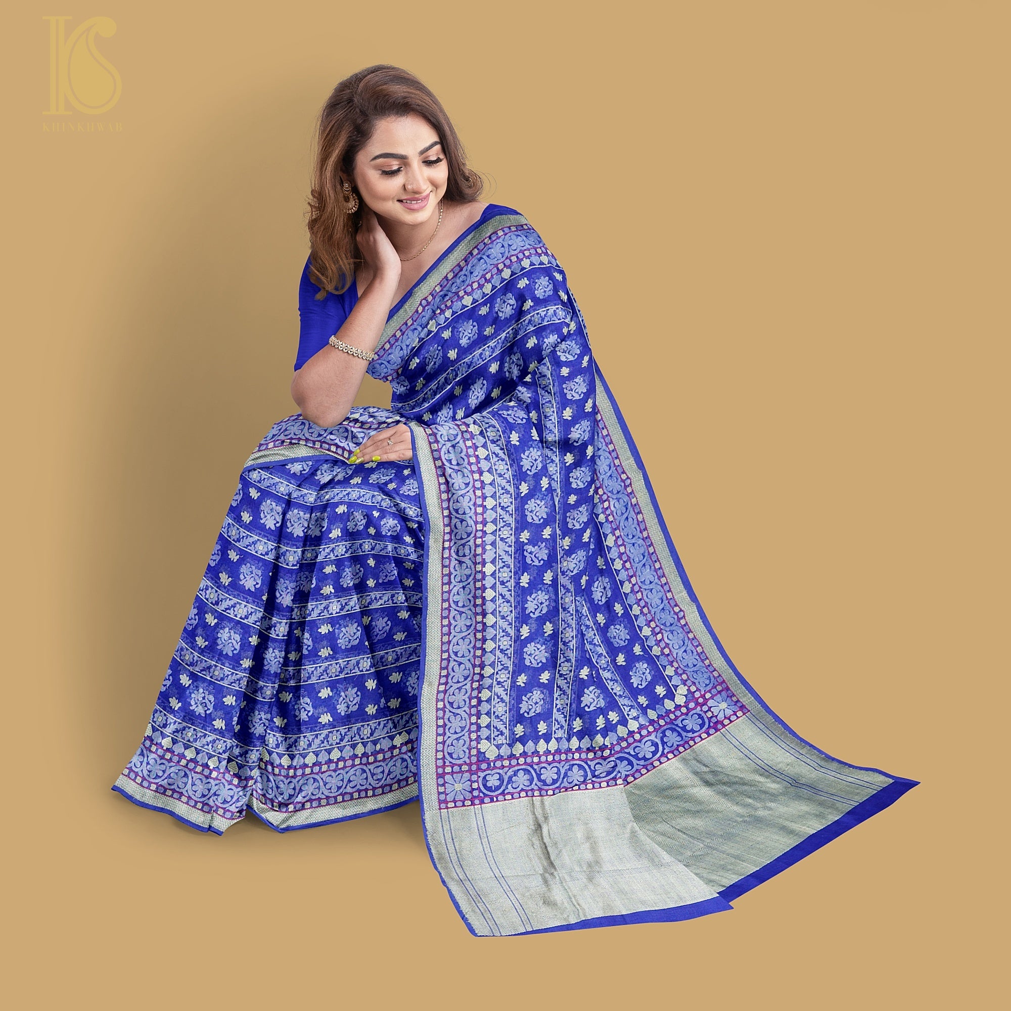 Persian Blue Handwoven Pure Cotton Real Silver Zari Banarasi Saree - Khinkhwab