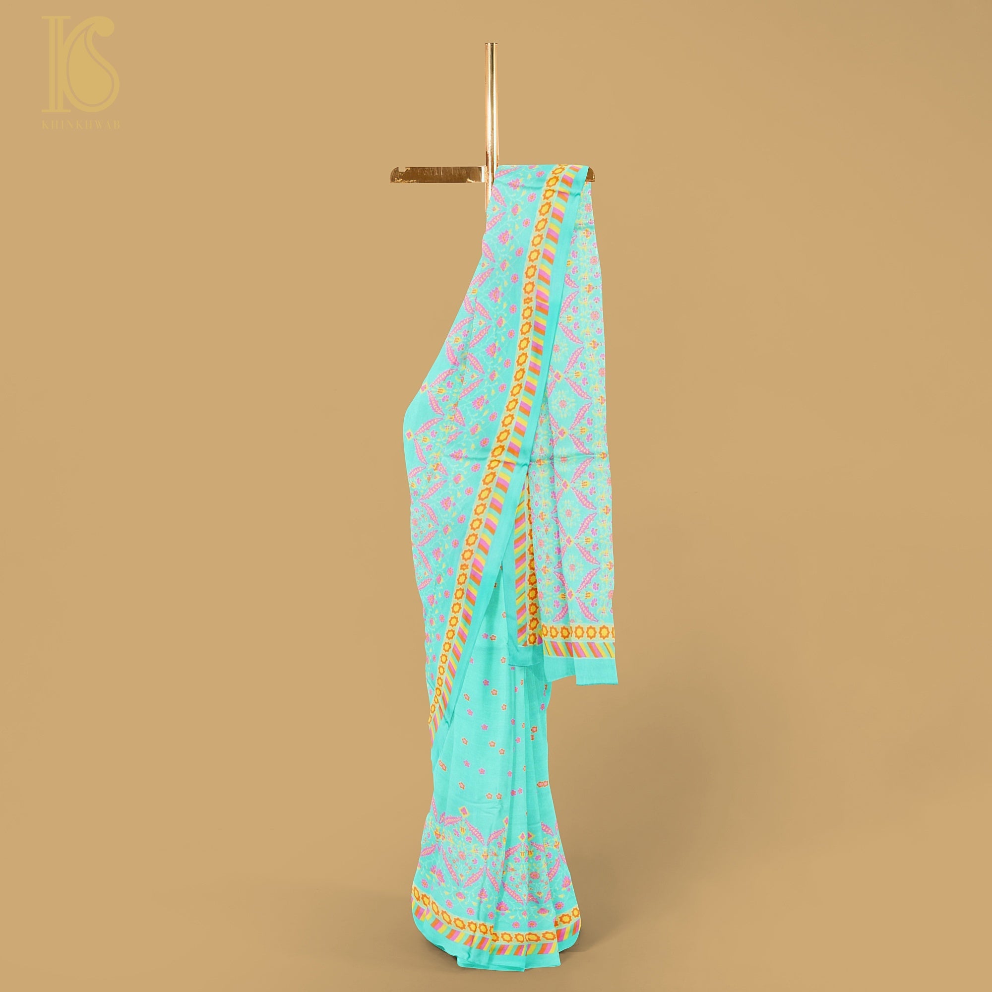 NERGİS - Turquoise Blue Pure Sateen Silk Print Saree - Khinkhwab
