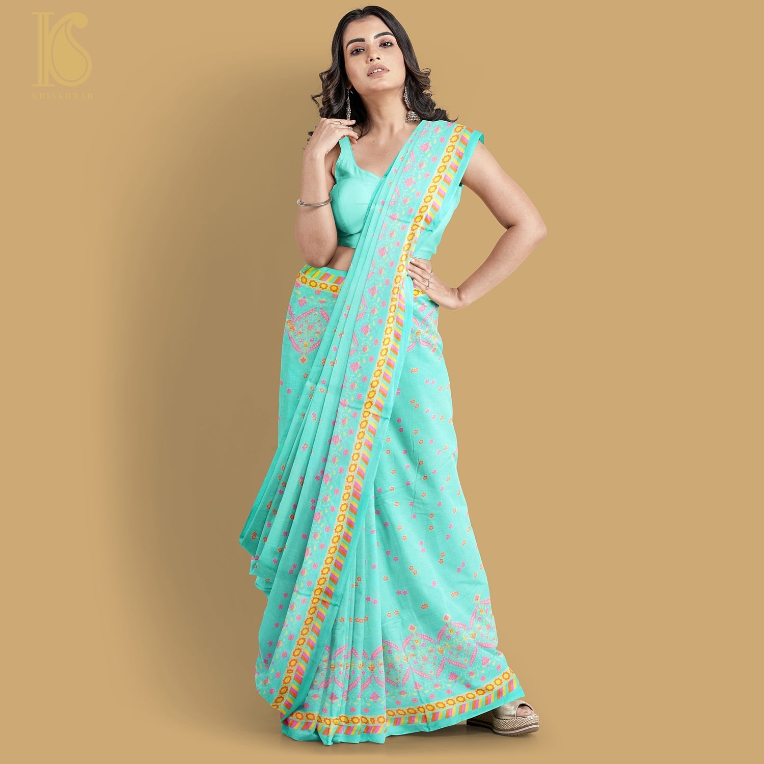 NERGİS - Turquoise Blue Pure Sateen Silk Print Saree - Khinkhwab