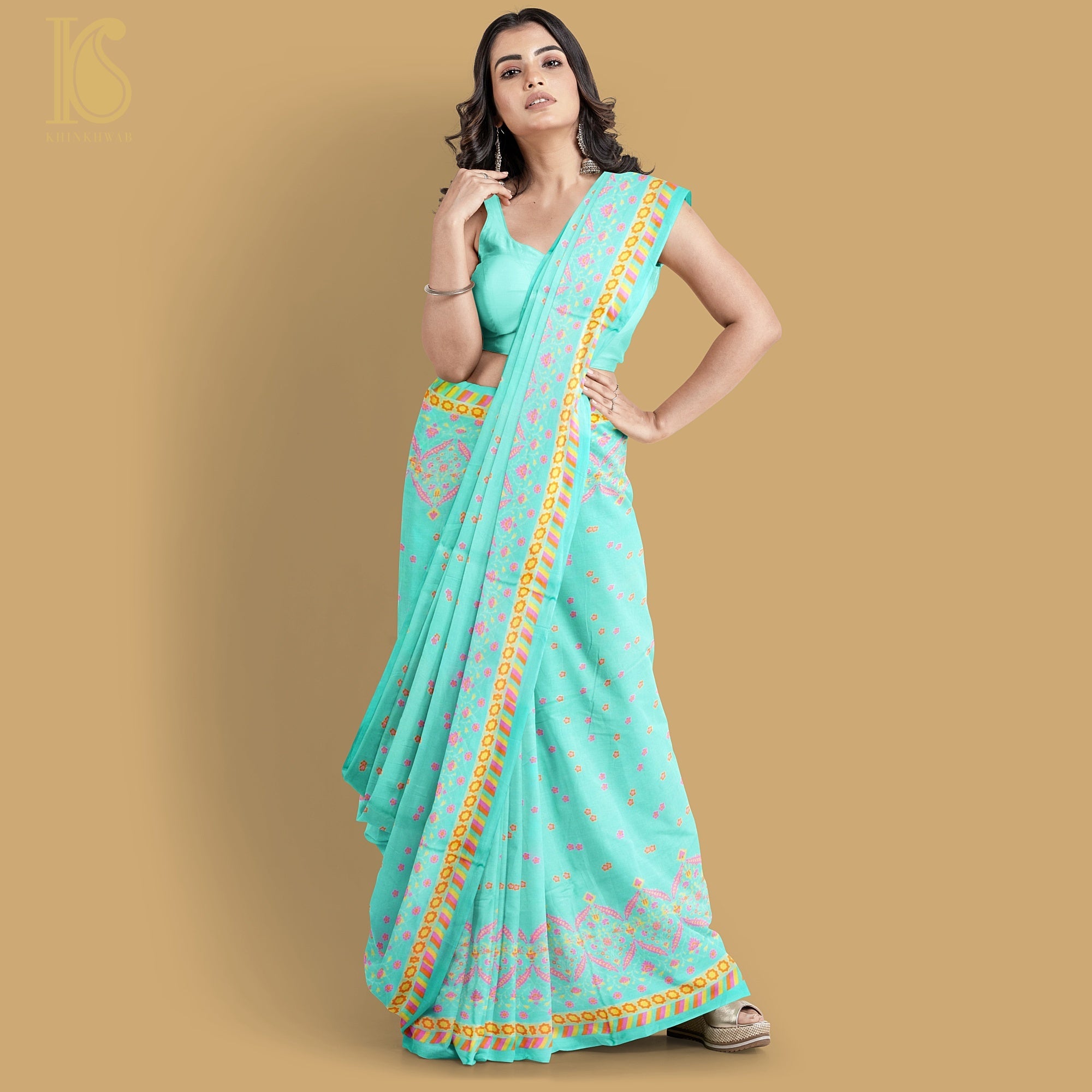 NERGİS - Turquoise Blue Pure Sateen Silk Print Saree - Khinkhwab