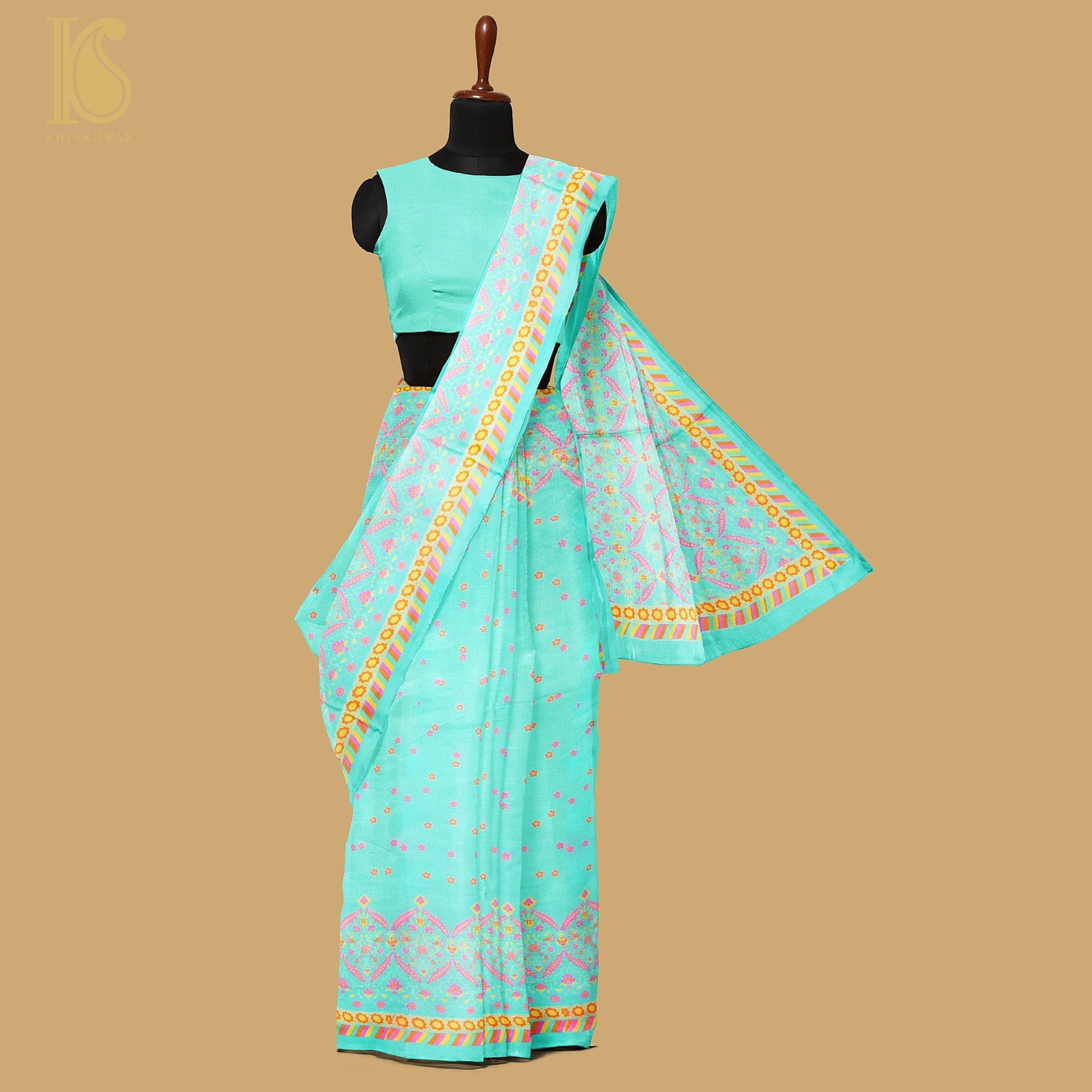 NERGİS - Turquoise Blue Pure Sateen Silk Print Saree - Khinkhwab