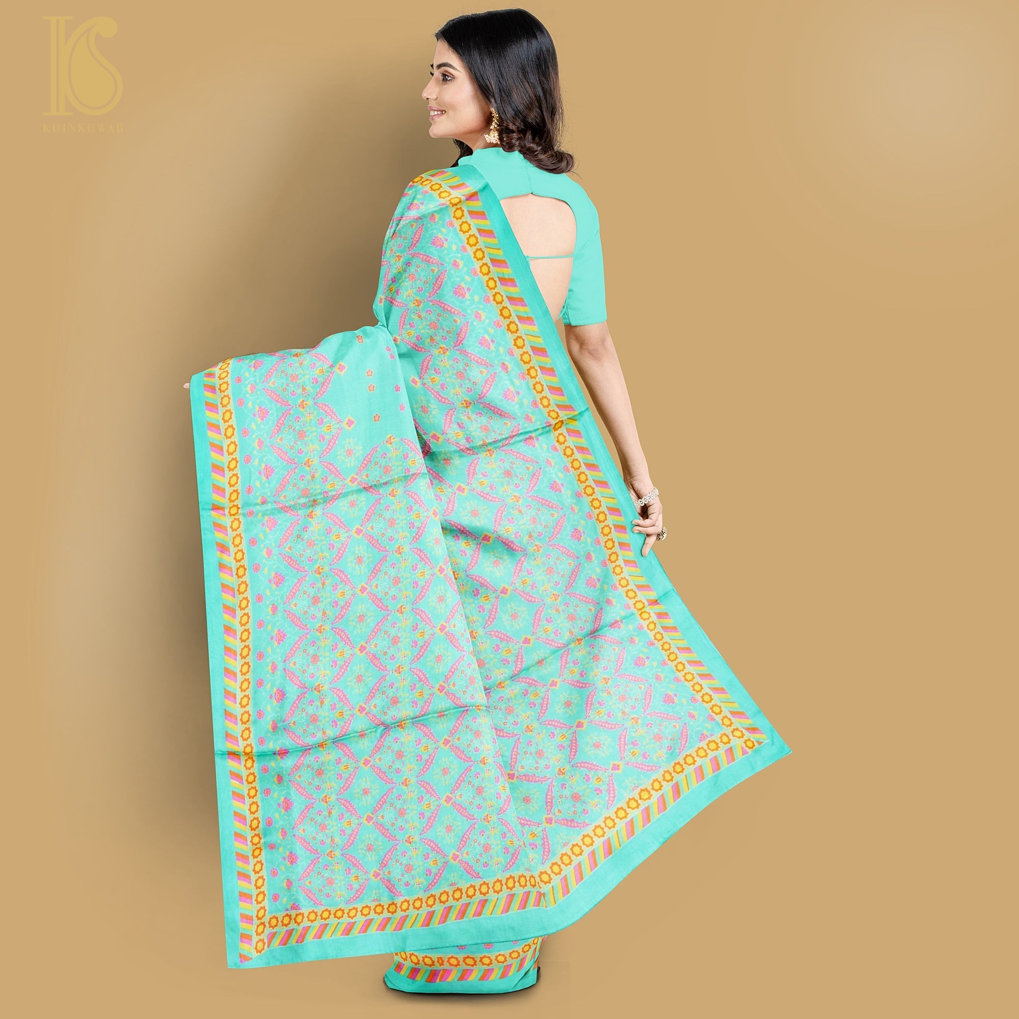 NERGİS - Turquoise Blue Pure Sateen Silk Print Saree - Khinkhwab
