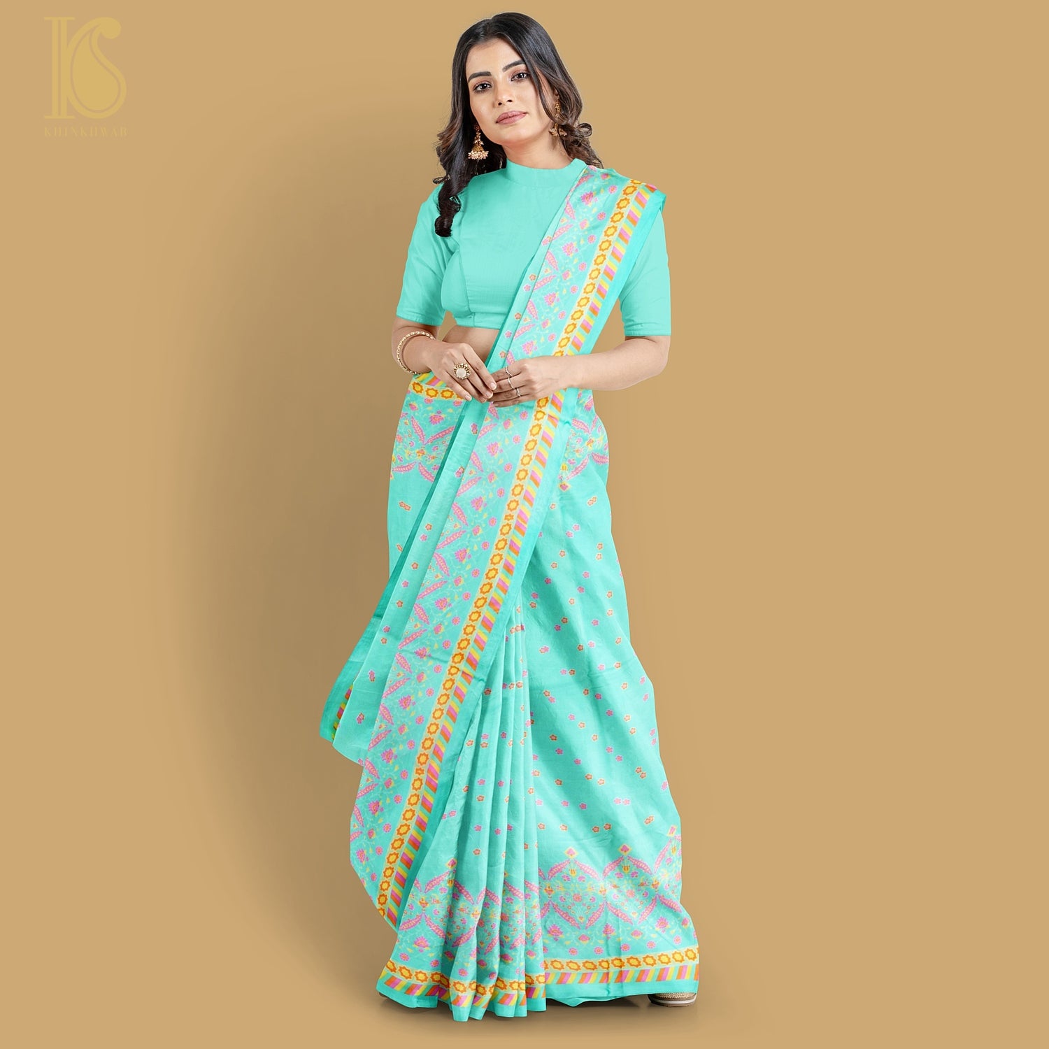 NERGİS - Turquoise Blue Pure Sateen Silk Print Saree - Khinkhwab