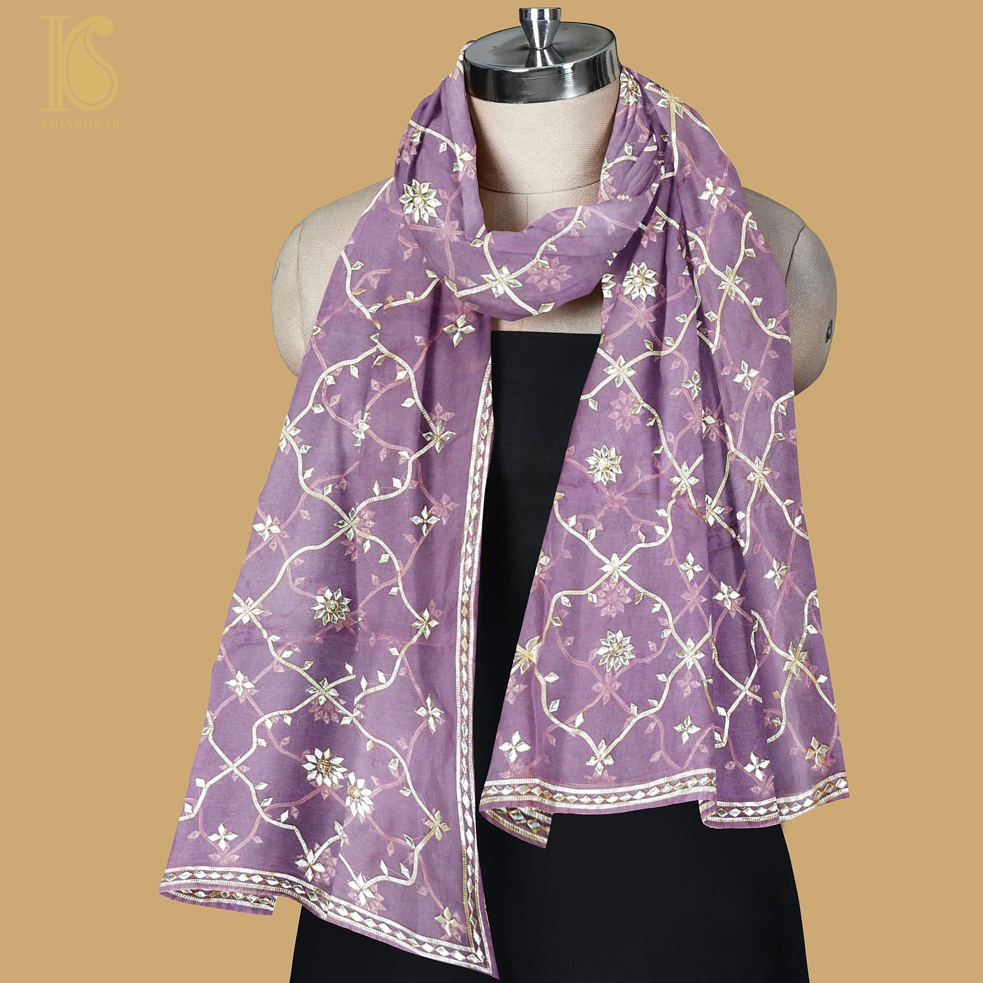 Ce Soir Purple Pure Organza Silk Dupatta with Kachhi Patti Embroidery - Khinkhwab