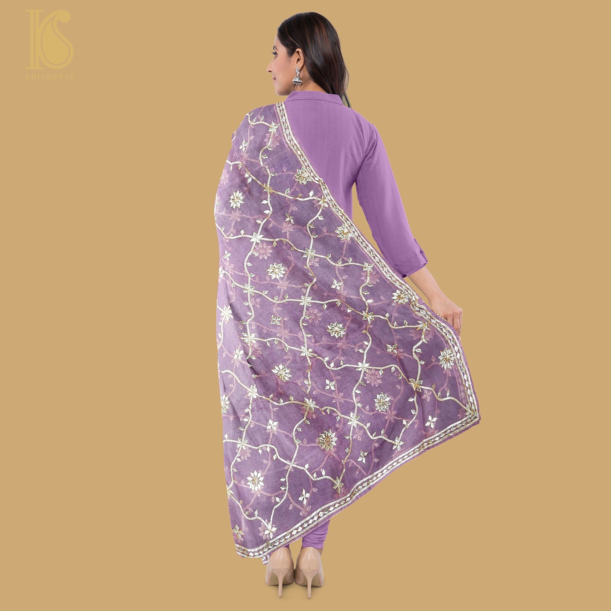 Ce Soir Purple Pure Organza Silk Dupatta with Kachhi Patti Embroidery - Khinkhwab