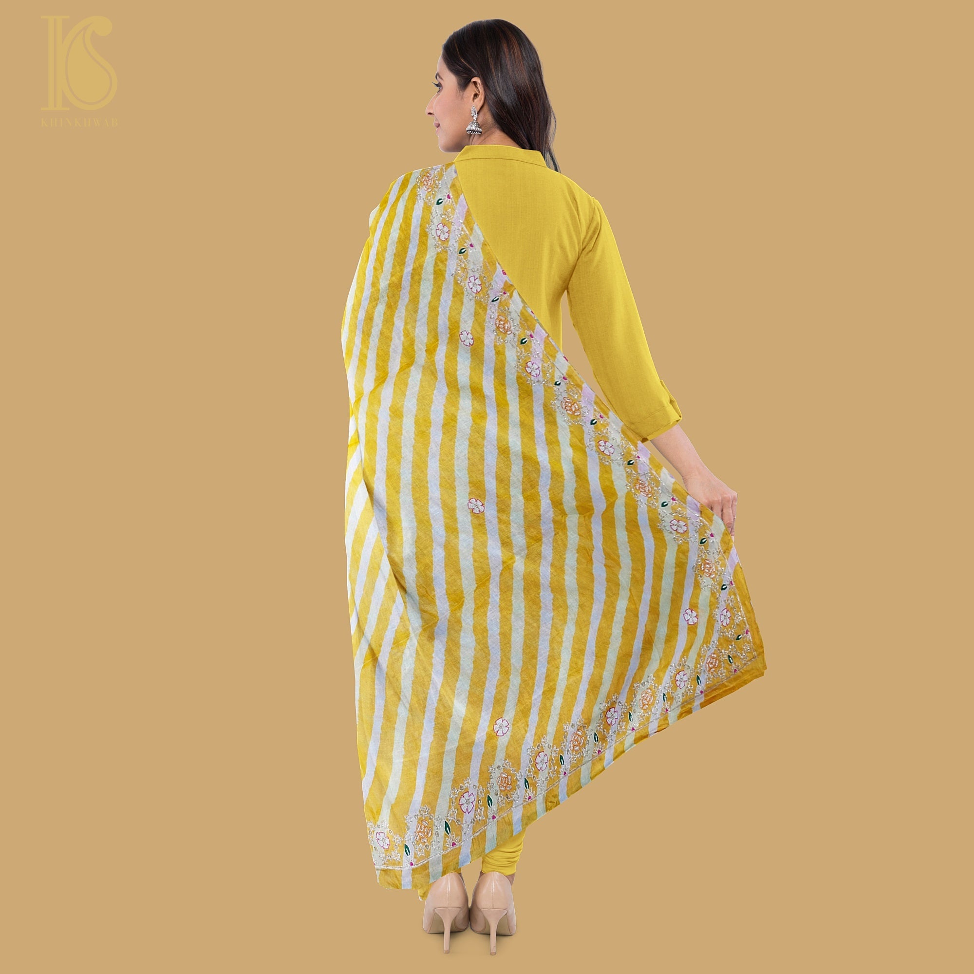 Yellow Leheriya Pure Tussar Silk Pearl & Zardozi Embroidery Dupatta - Khinkhwab