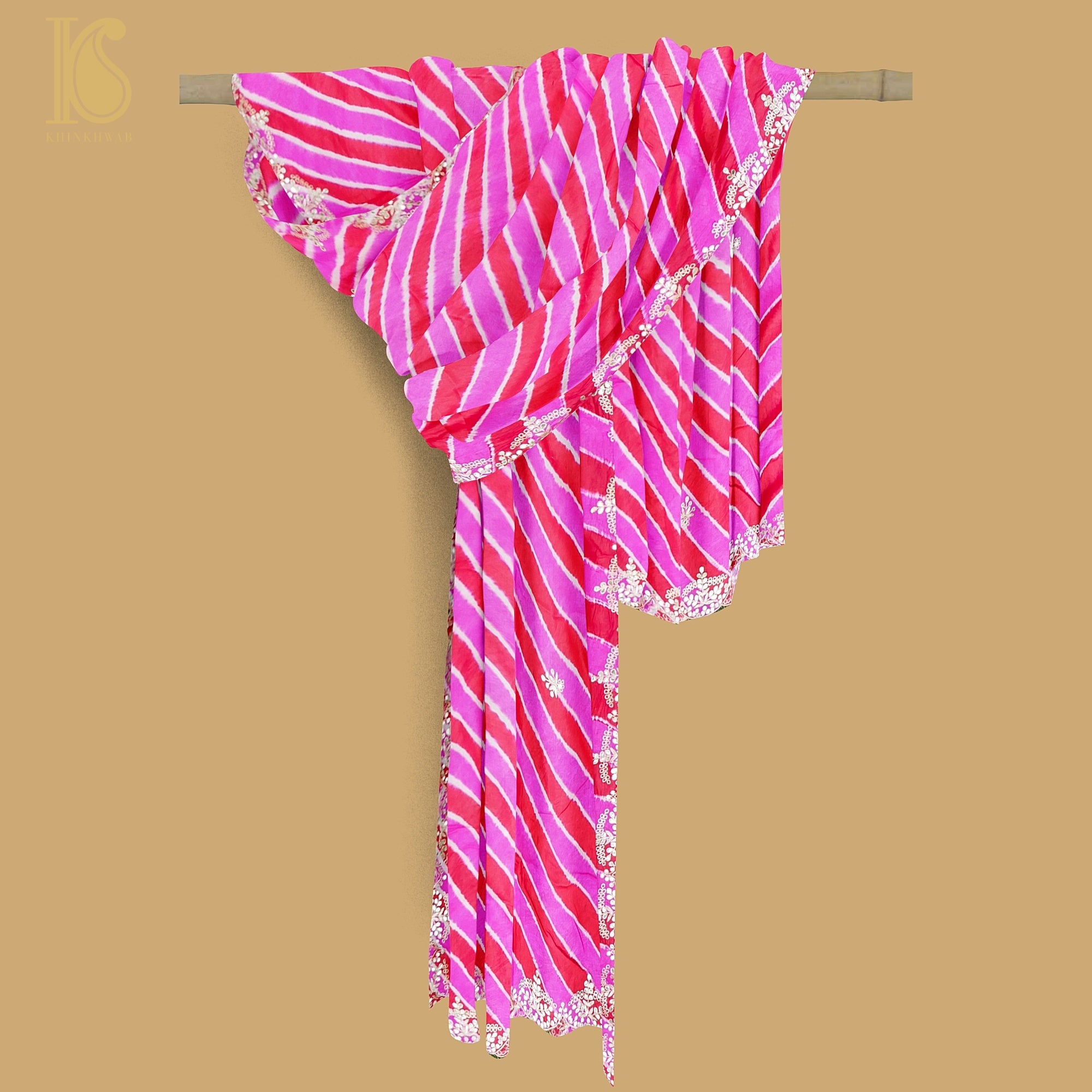 Pink Leheriya Pure Tussar Silk Scalloped Border Gotta Patti Dupatta - Khinkhwab