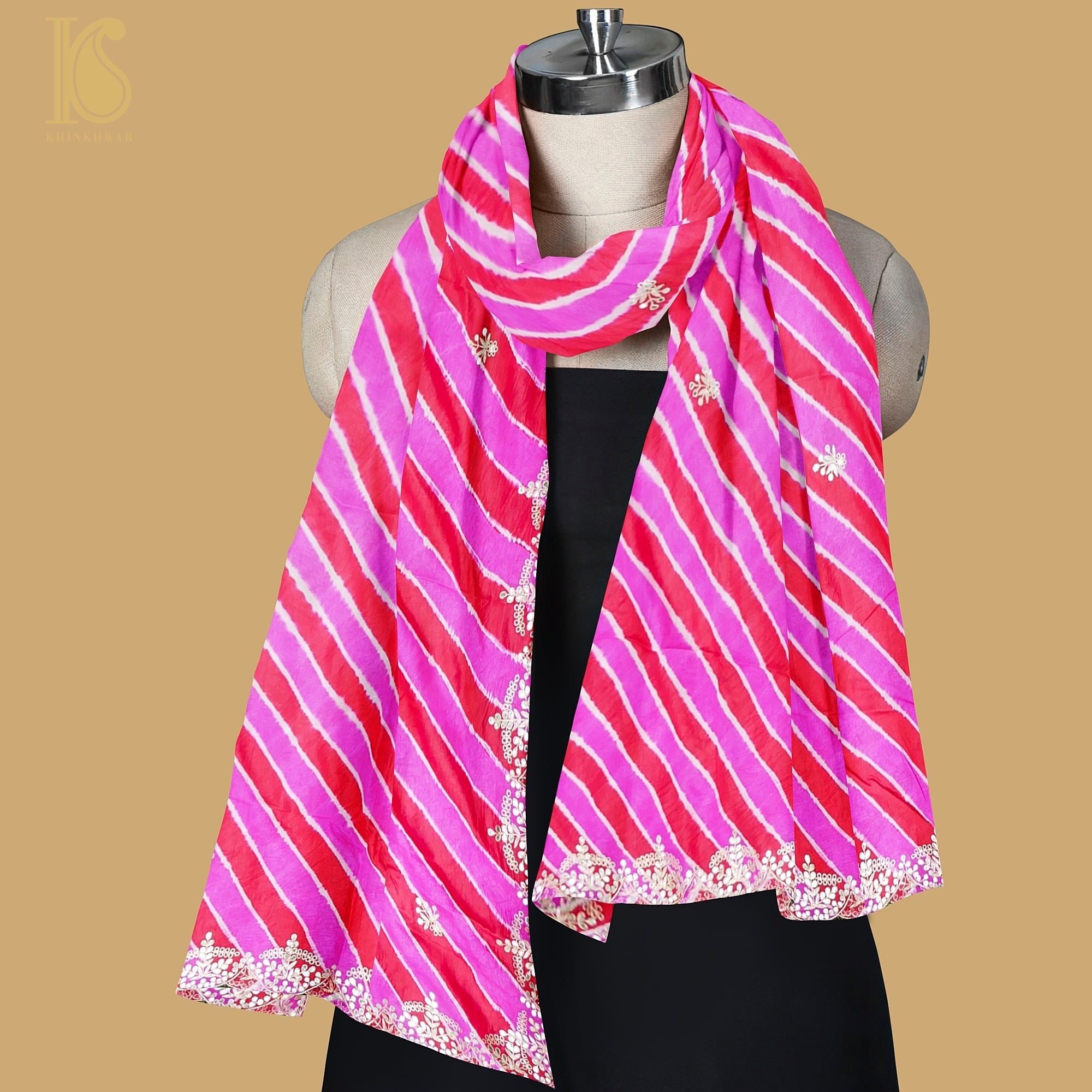 Pink Leheriya Pure Tussar Silk Scalloped Border Gotta Patti Dupatta - Khinkhwab