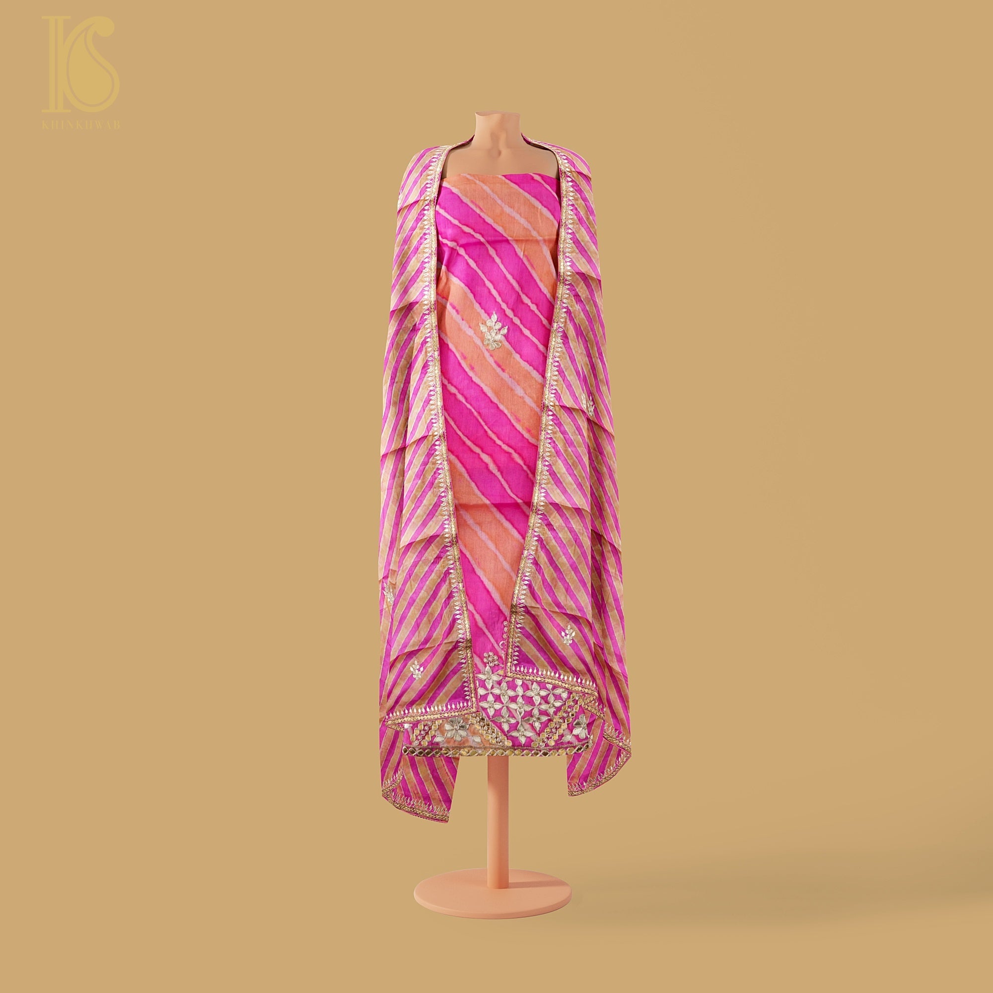 Pink Leheriya Pure Tussar Silk Gotta Patti Unstitched Suit Set - Khinkhwab