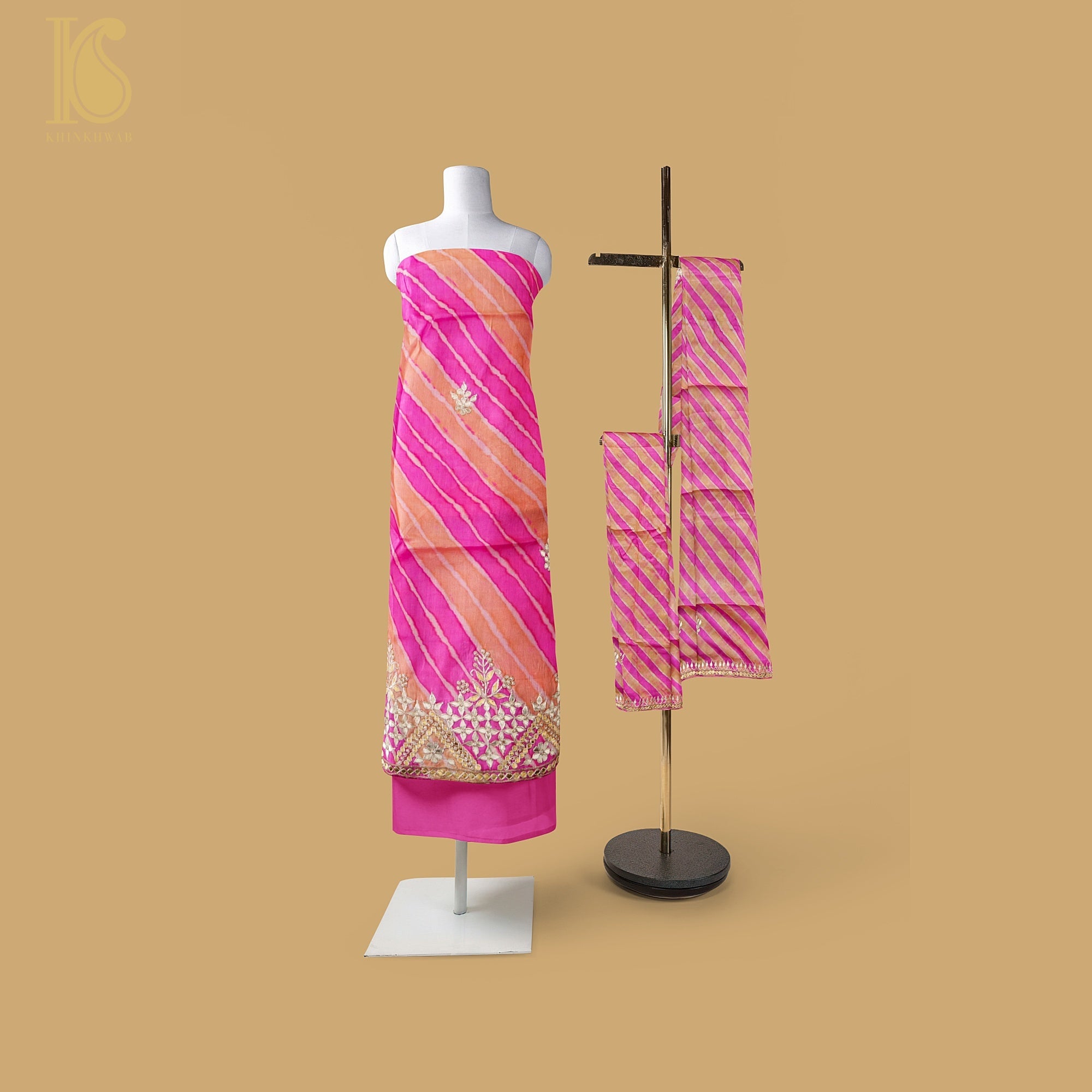 Pink Leheriya Pure Tussar Silk Gotta Patti Unstitched Suit Set - Khinkhwab