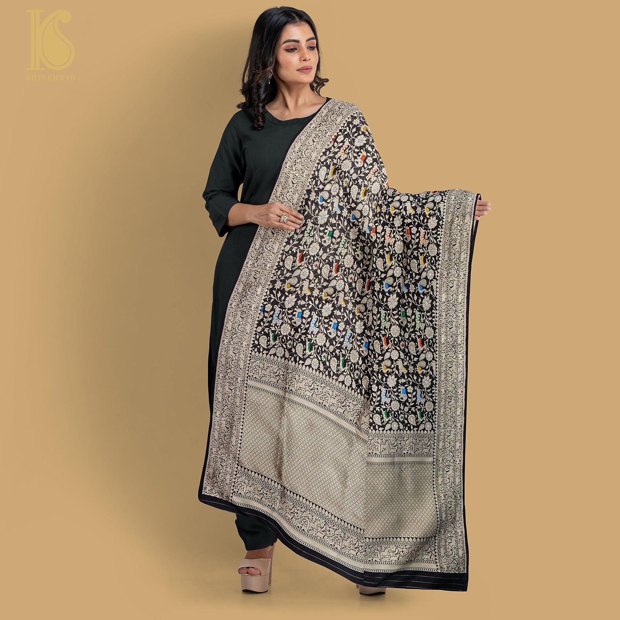 Preorder : Black Pure Katan Silk Handwoven Banarasi Shikargah Dupatta - Khinkhwab