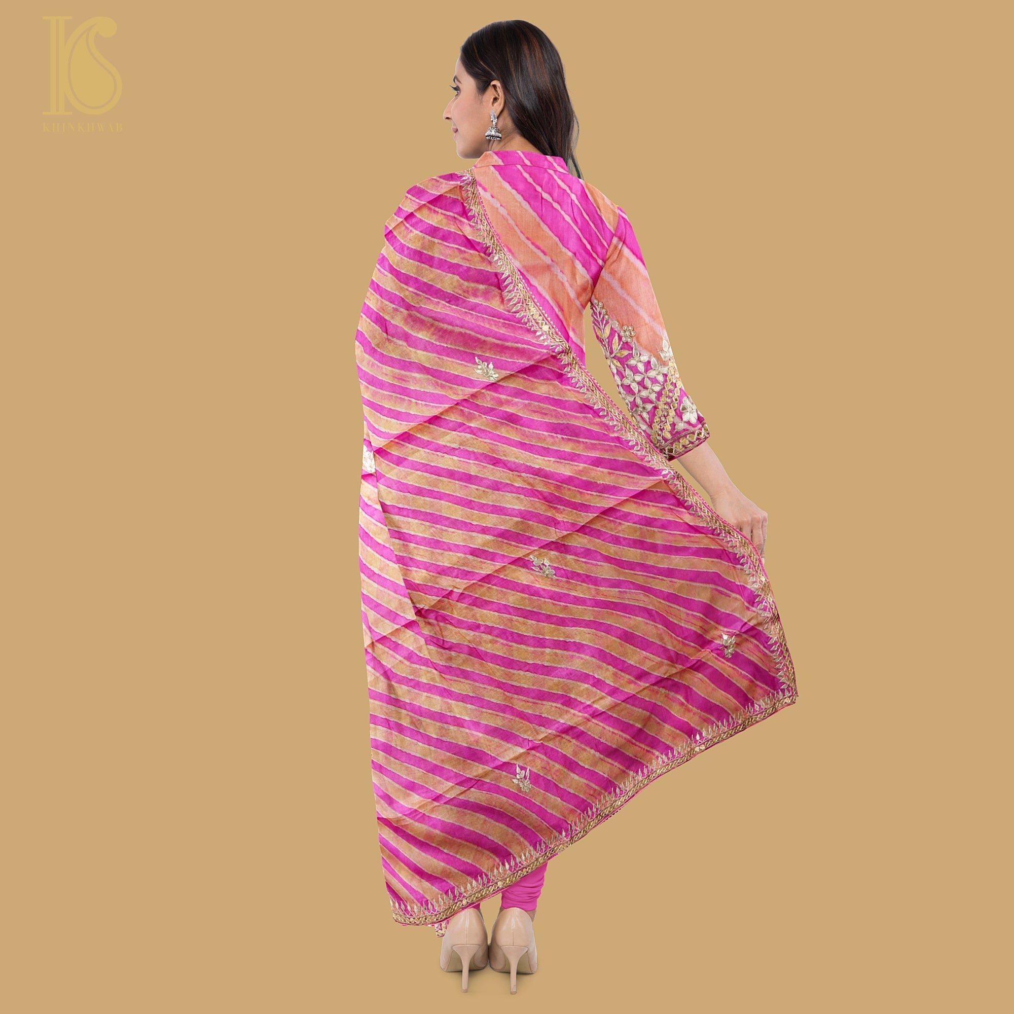 Pink Leheriya Pure Tussar Silk Gotta Patti Unstitched Suit Set - Khinkhwab