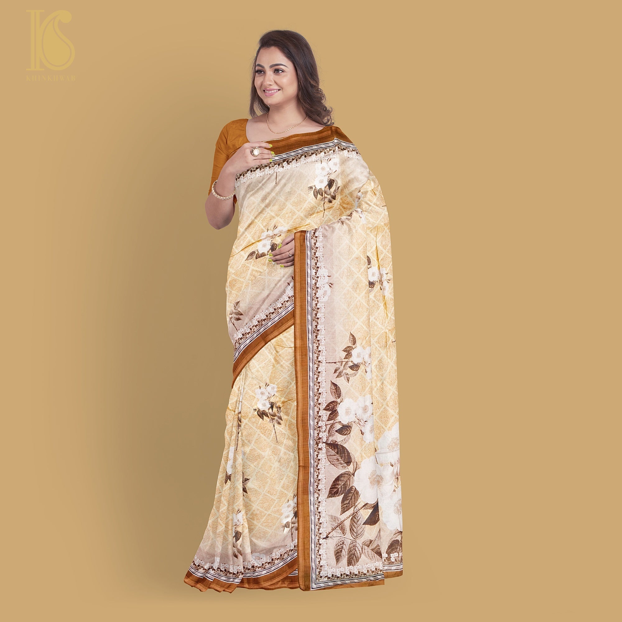 Brown Pure Cotton Floral Digital Print Saree - Khinkhwab