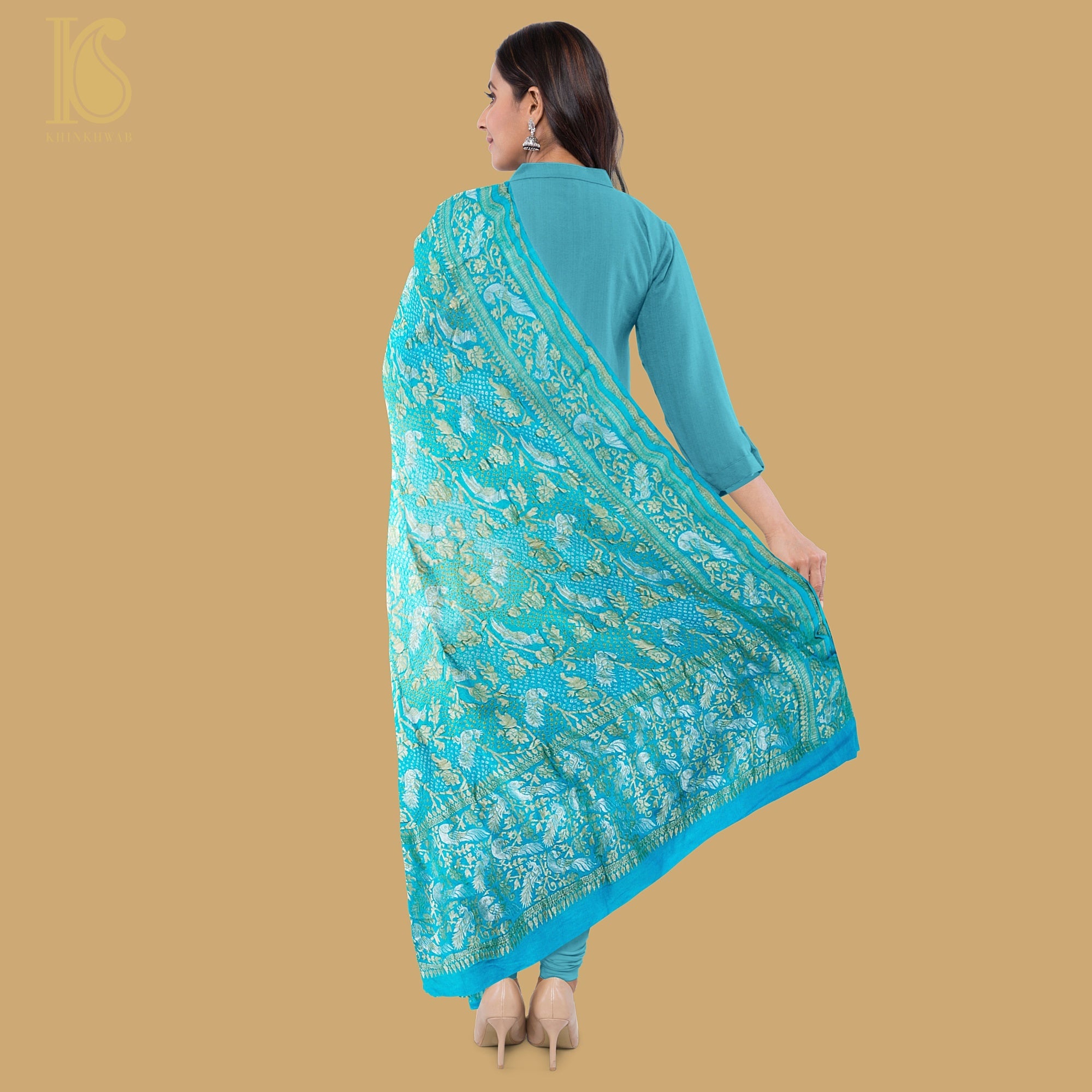Blue Pure Georgette Handloom Banarasi Birds of Paradise Bandhani Dupatta - Khinkhwab