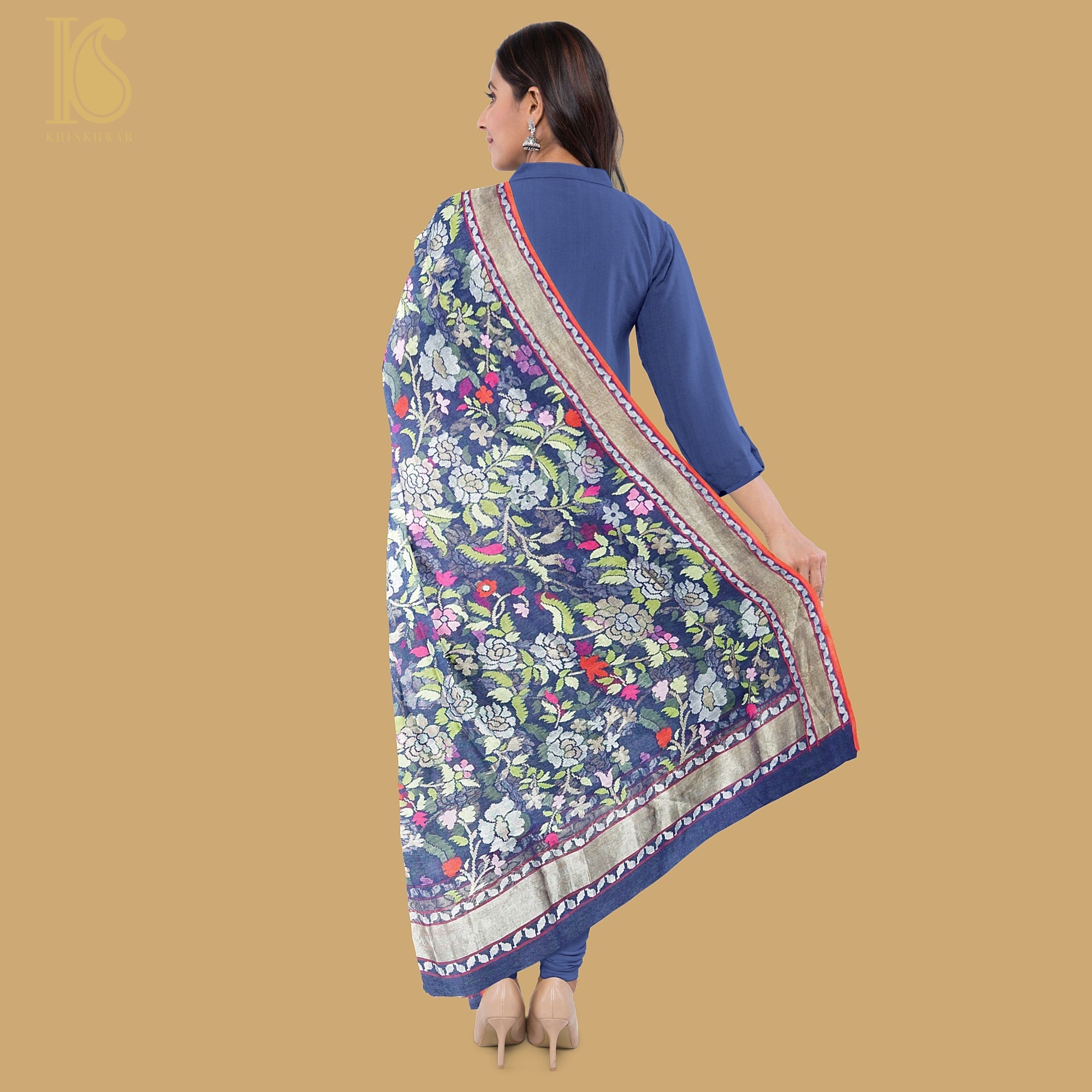 Neelambari Pure Cotton Real Silver Zari Handloom Banarasi Dupatta - Khinkhwab