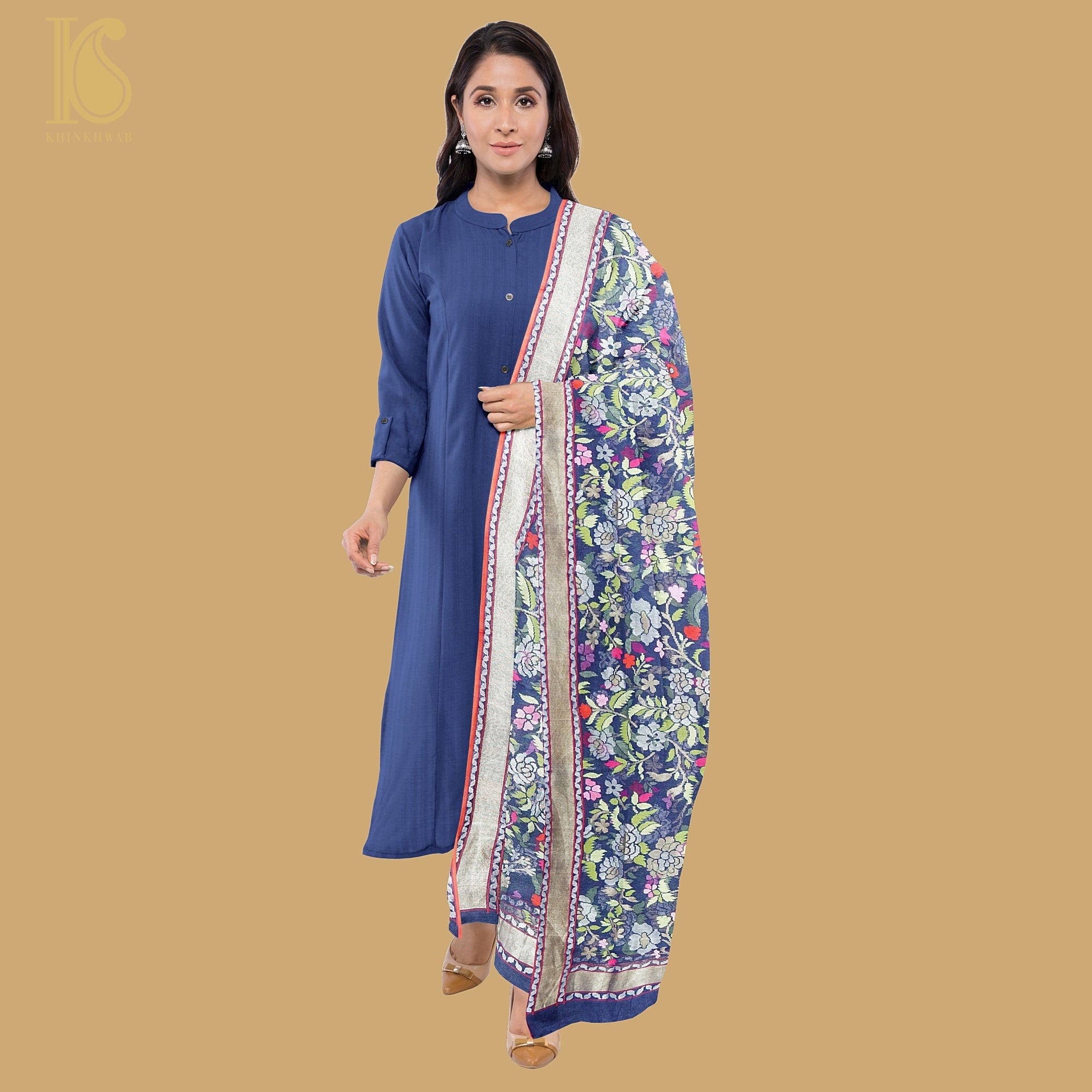Neelambari Pure Cotton Real Silver Zari Handloom Banarasi Dupatta - Khinkhwab