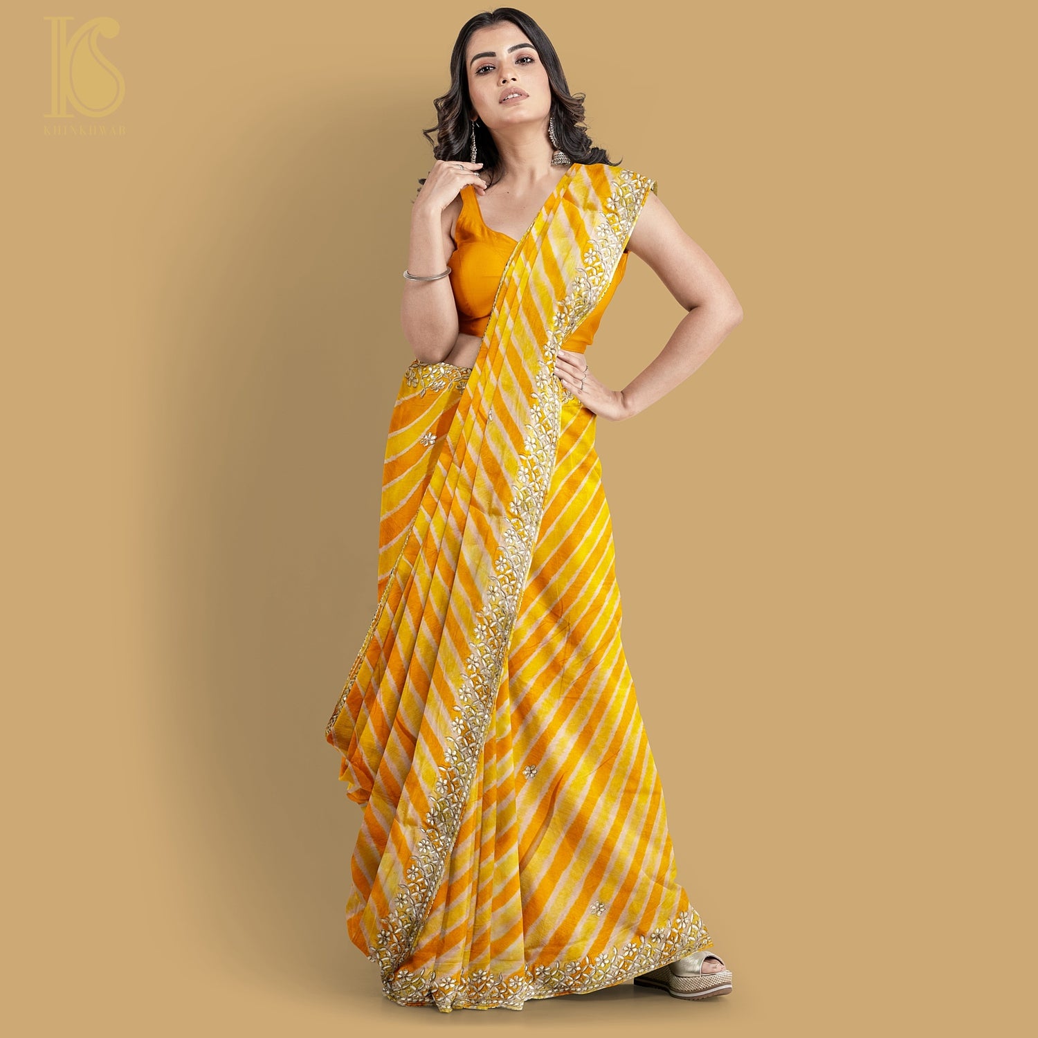 Yellow Leheriya Pure Tussar Silk Gotta Patti Saree - Khinkhwab