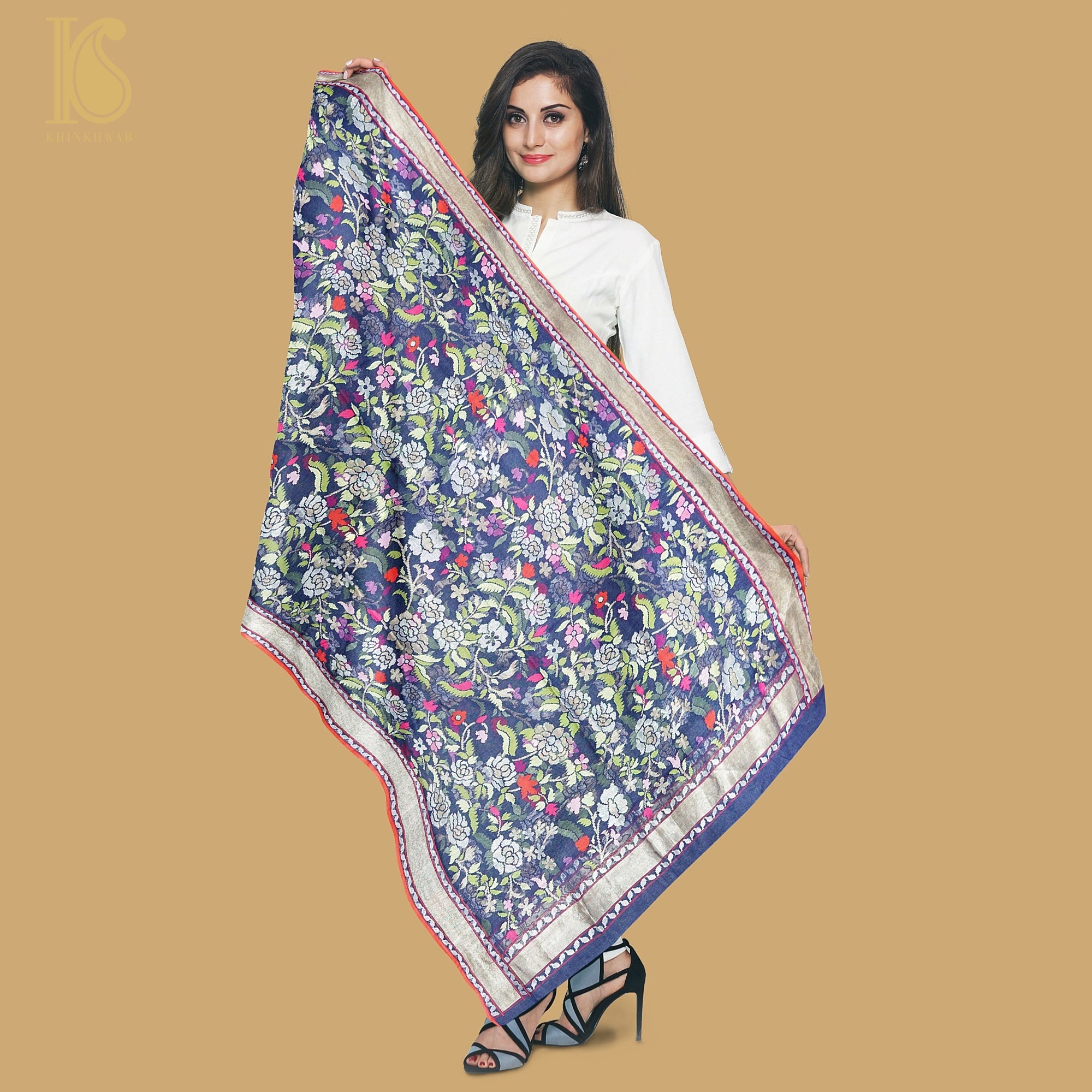 Neelambari Pure Cotton Real Silver Zari Handloom Banarasi Dupatta - Khinkhwab