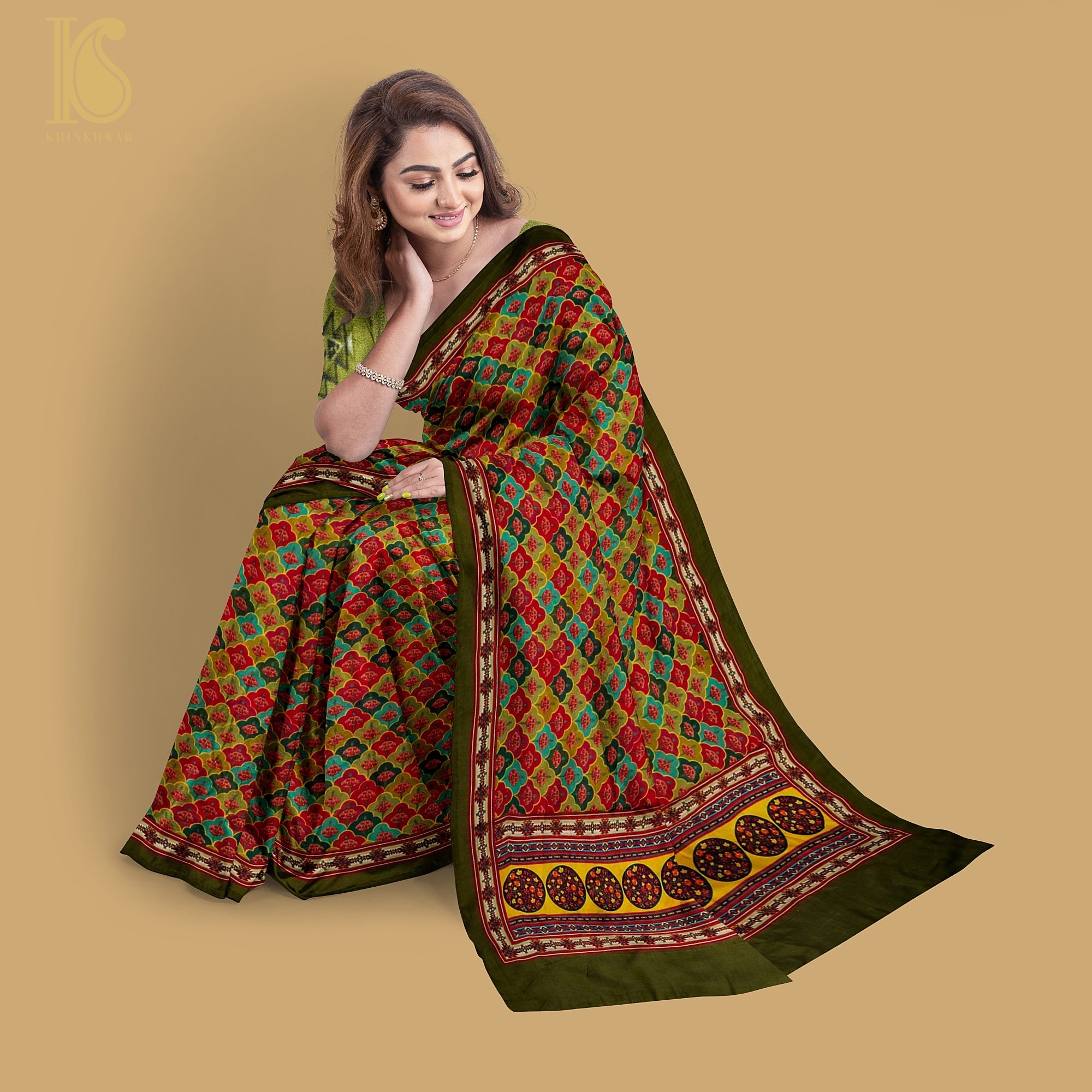 Multicolor Pure Georgette Print Handloom Saree - Khinkhwab