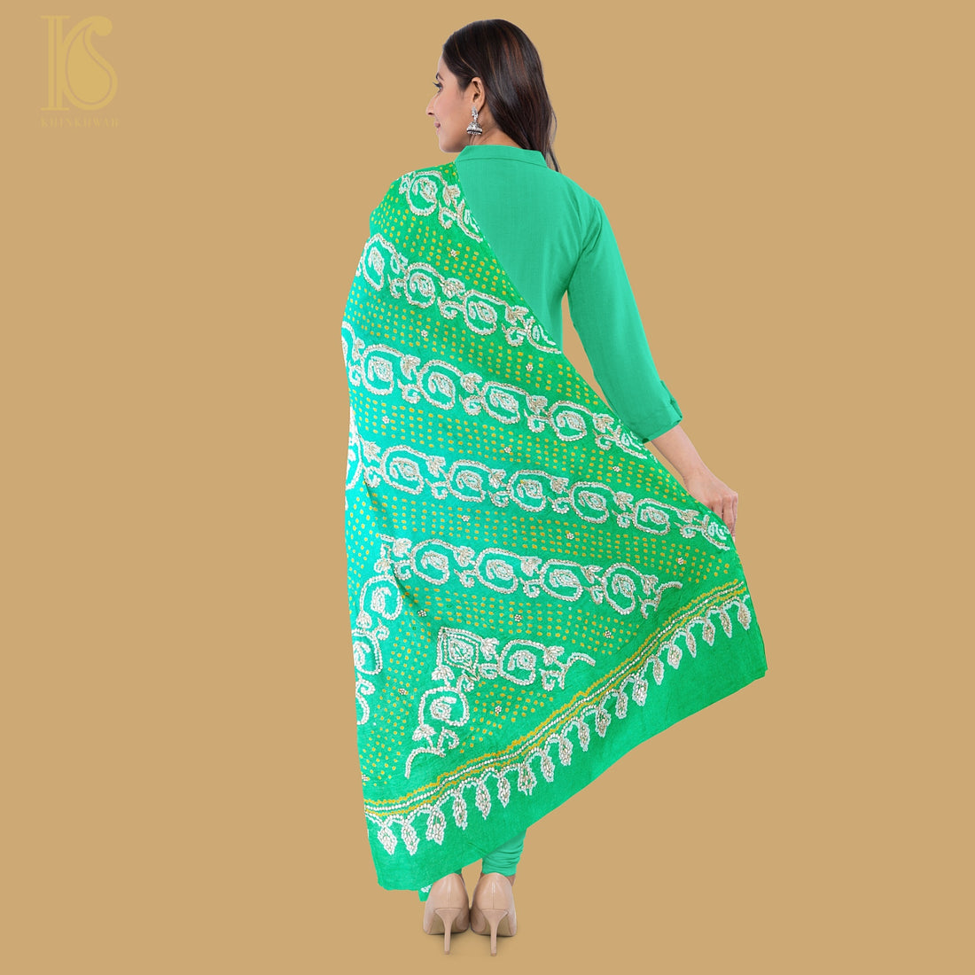 Green Gajji Silk Bandhani Gotta Patti Work Dupatta - Khinkhwab