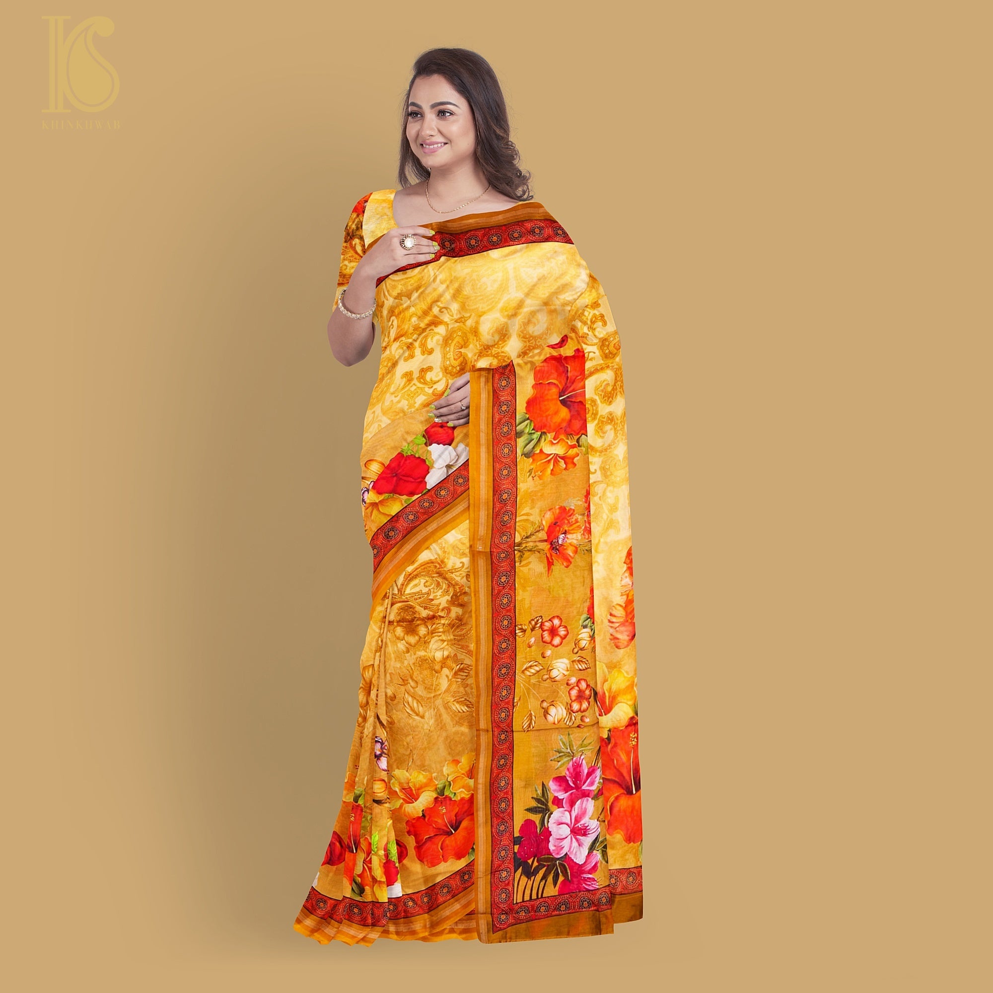 Yellow Pure Cotton Floral Digital Print Saree - Khinkhwab