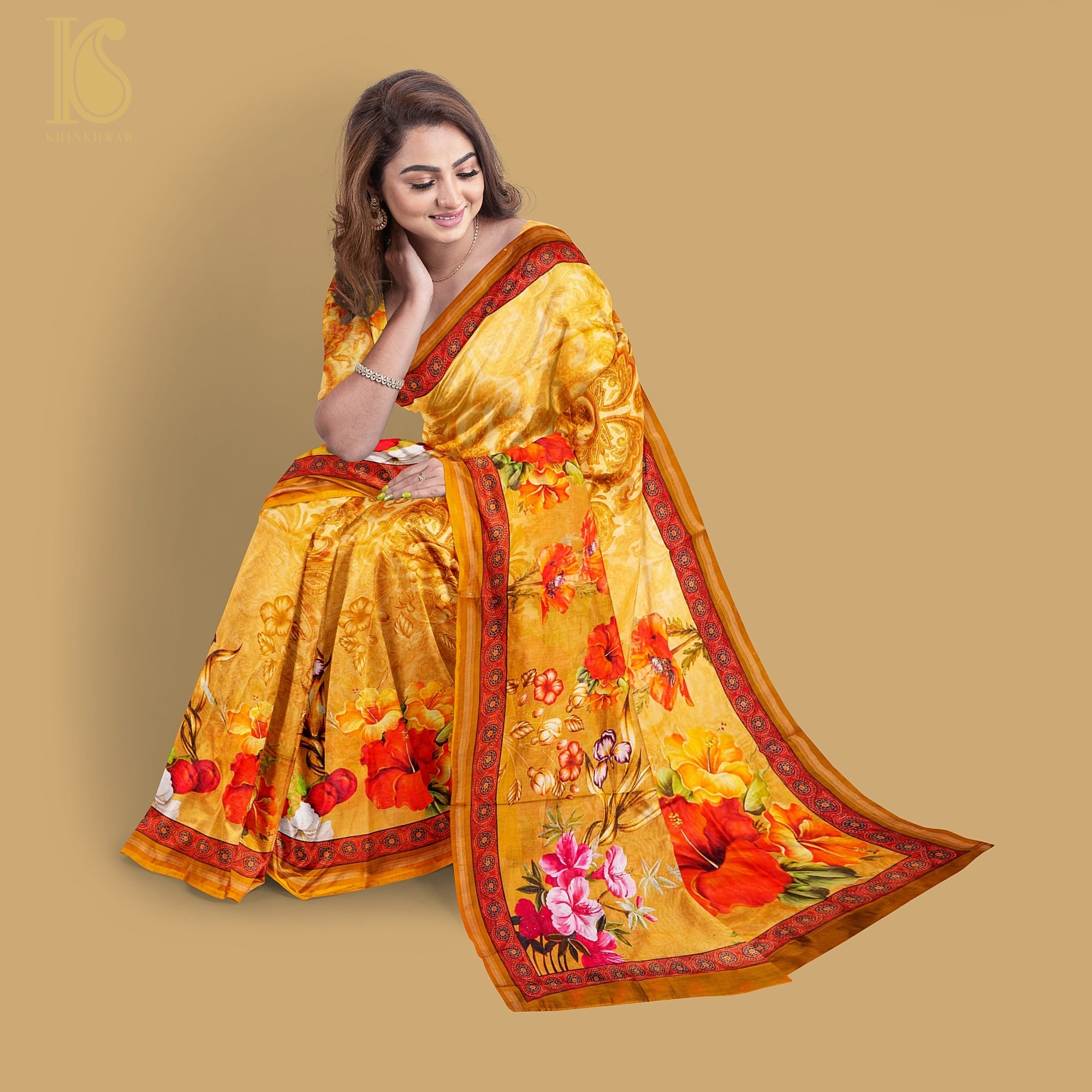 Yellow Pure Cotton Floral Digital Print Saree - Khinkhwab