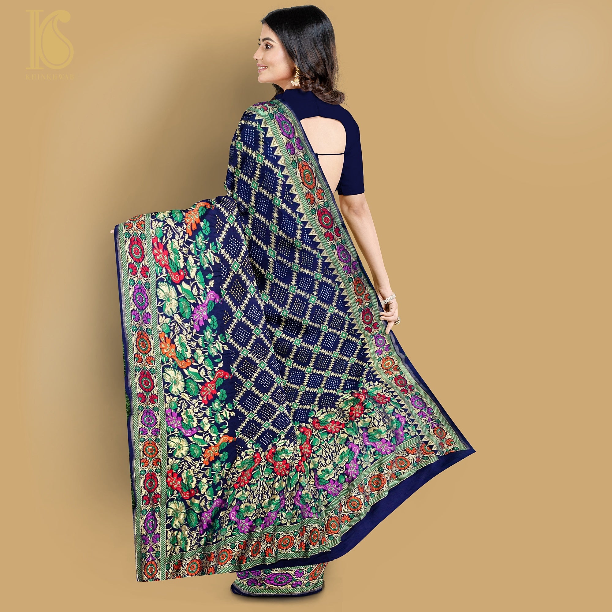 Midnight Blue Banarasi Pure Georgette Bandhani Saree - Khinkhwab