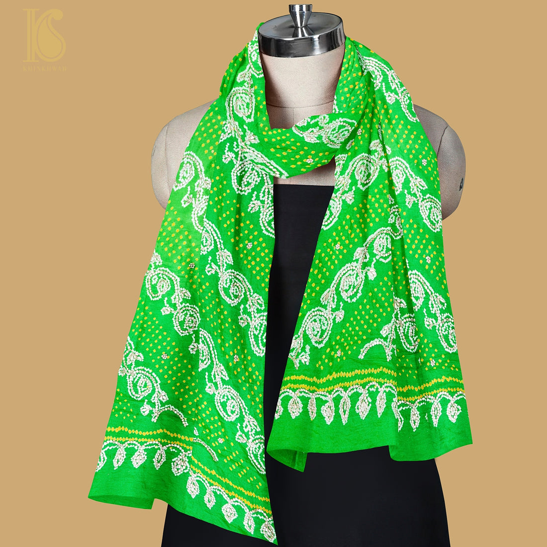 Green Pure Gajji Silk Bandhani Gotta Patti Work Dupatta - Khinkhwab
