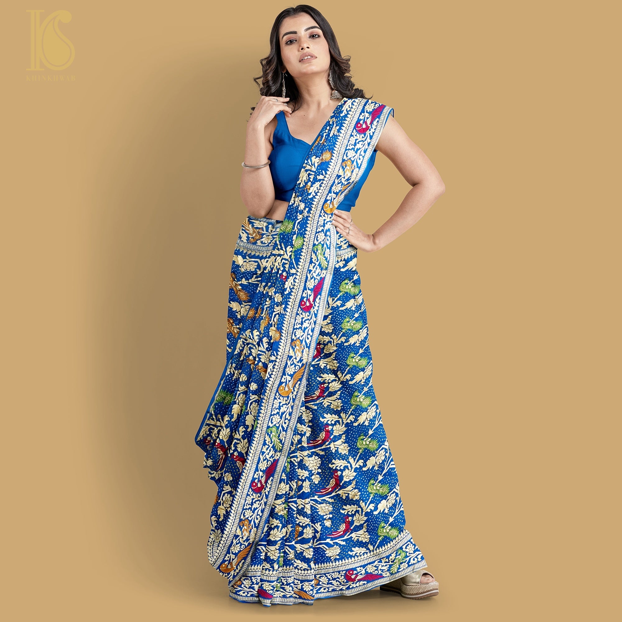 Preorder : Cerulean Blue Pure Georgette Handloom Banarasi Birds of Paradise Saree - Khinkhwab