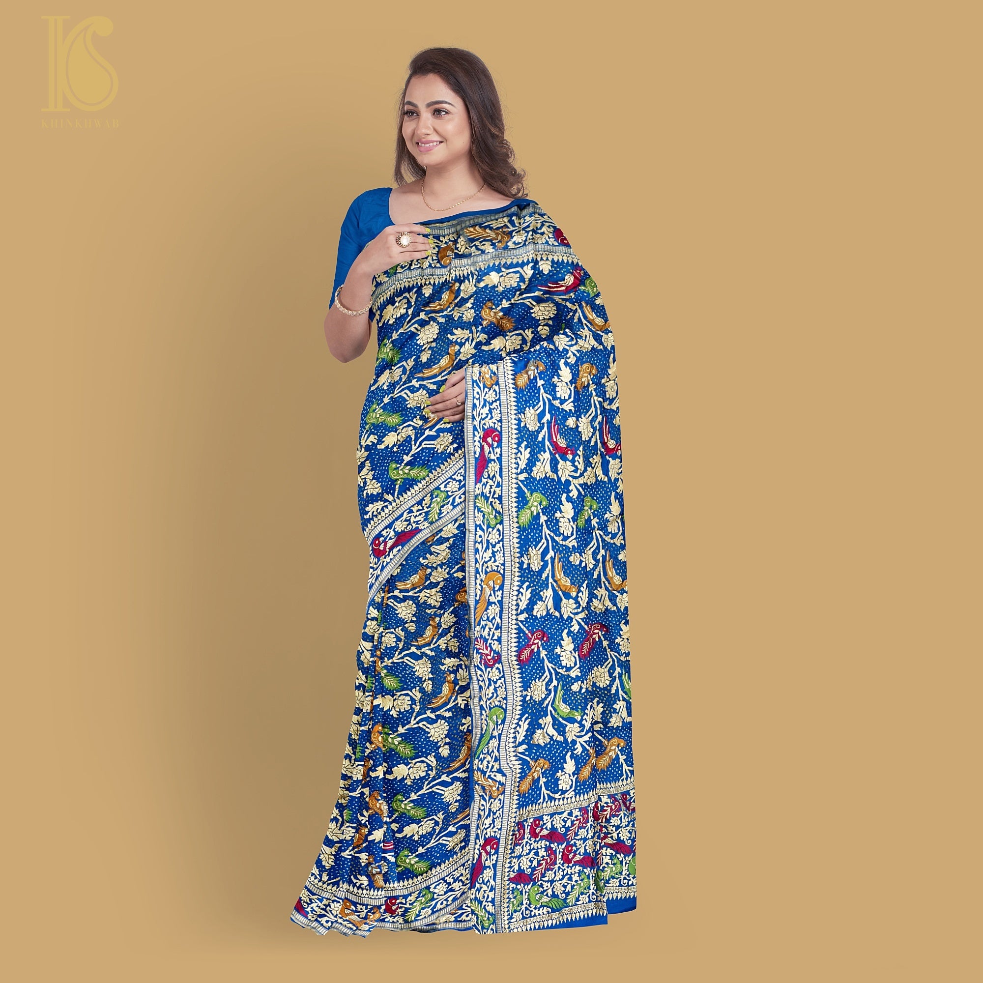 Preorder : Cerulean Blue Pure Georgette Handloom Banarasi Birds of Paradise Saree - Khinkhwab