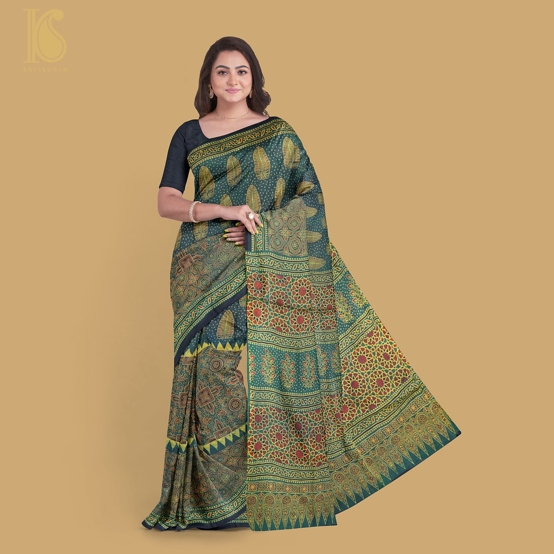 Teal Blue Hand Block Ajrakh Modal Silk Saree - Khinkhwab