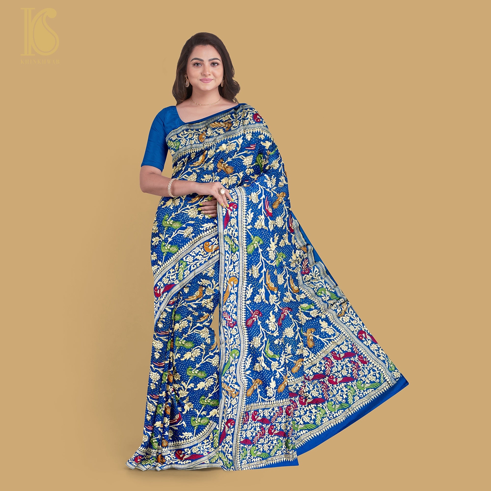 Preorder : Cerulean Blue Pure Georgette Handloom Banarasi Birds of Paradise Saree - Khinkhwab